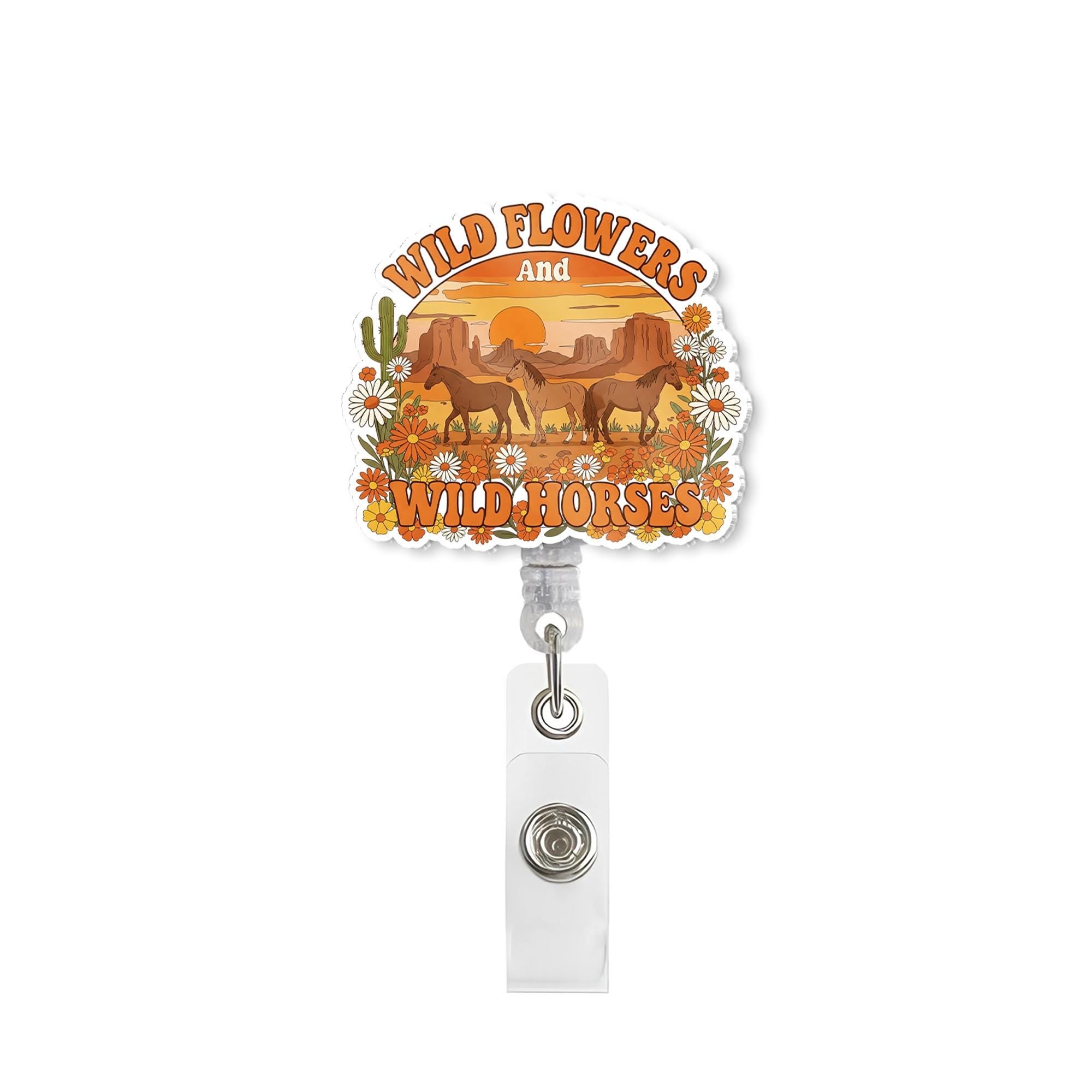 Wild Flowers Wild Horses Badge Reel, Western Boho ID Holder Nurse Teacher Gift Retractable Cute Desert Floral Horse Design Accessory