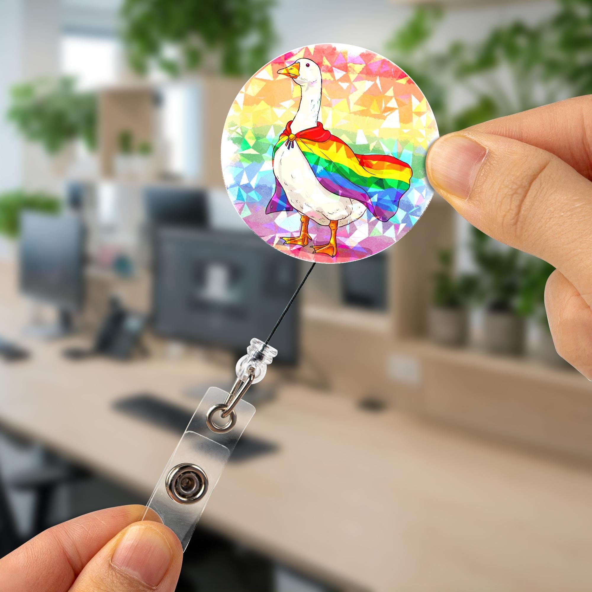 Pride Goose Badge Reel – Funny LGBTQ+ ID Holder – Rainbow Goose Clip for Nurses, Teachers, Workers – Retractable Badge with Sass