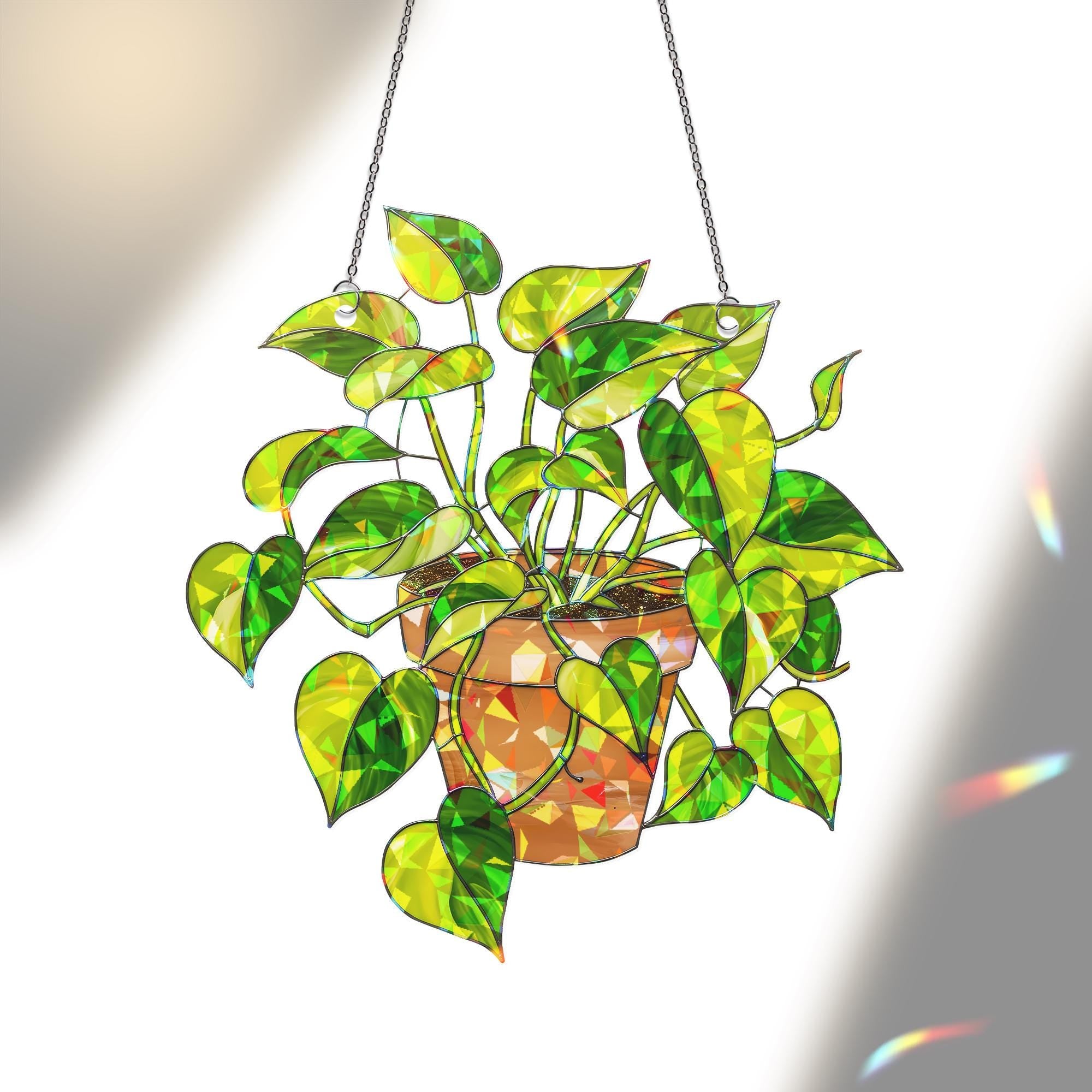 Epipremnum Aureum Holographic Suncatcher Gift for Mom, Golden Pothos Plant Lover Window Decor for Mother's Day, Indoor Jungle Boho Gift
