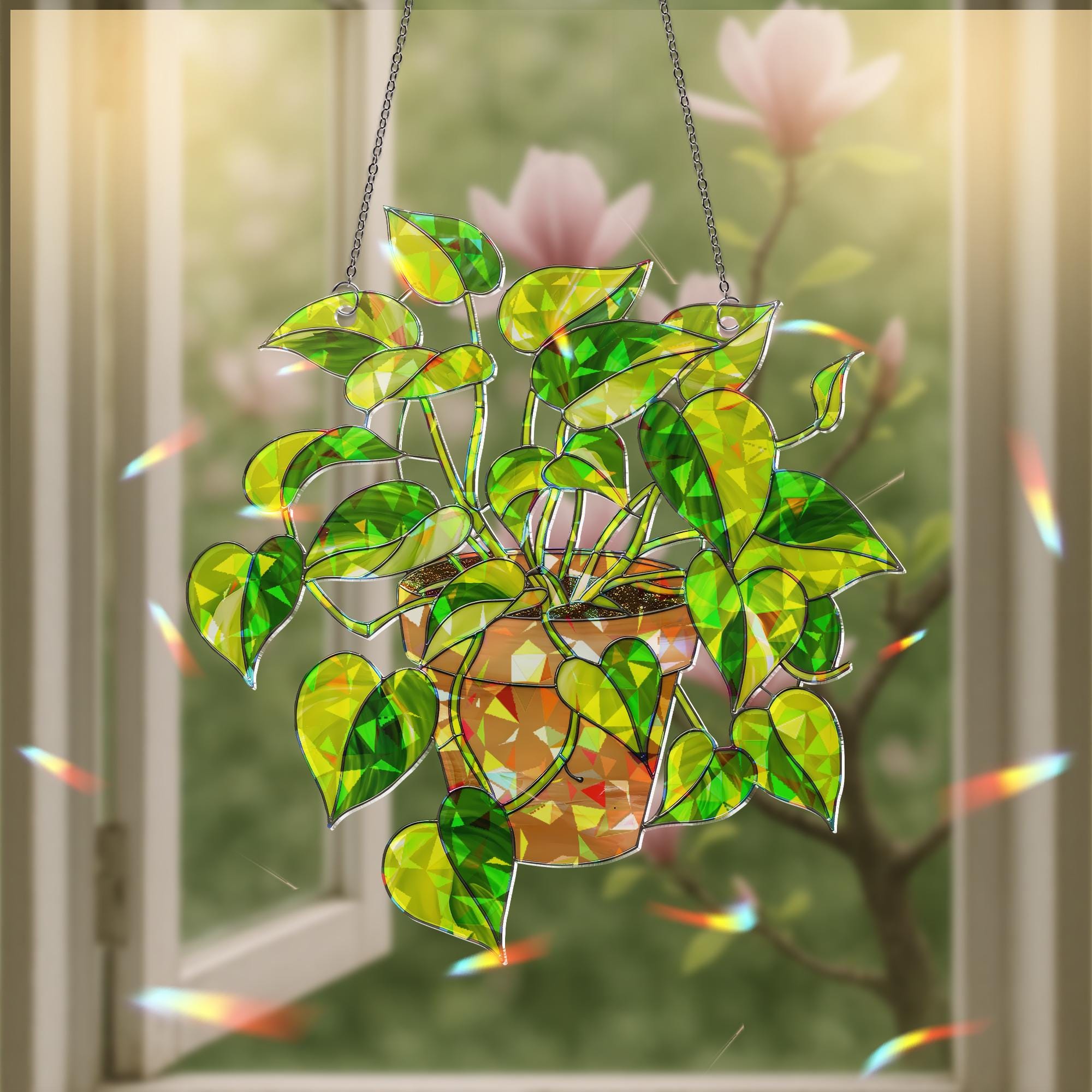 Epipremnum Aureum Holographic Suncatcher Gift for Mom, Golden Pothos Plant Lover Window Decor for Mother's Day, Indoor Jungle Boho Gift