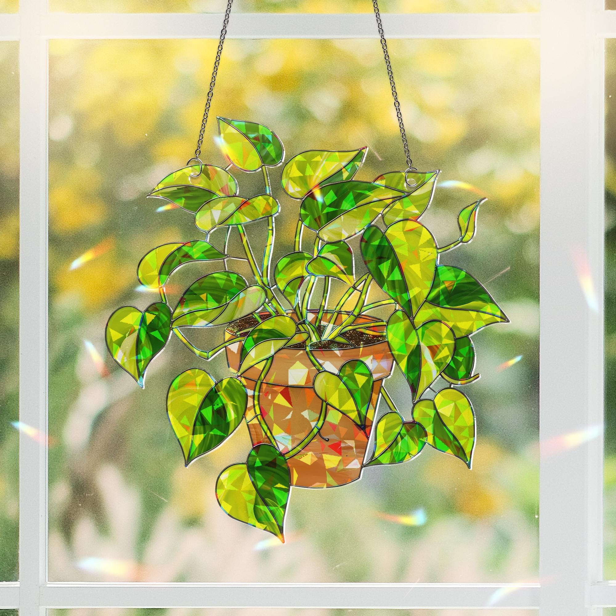 Epipremnum Aureum Holographic Suncatcher Gift for Mom, Golden Pothos Plant Lover Window Decor for Mother's Day, Indoor Jungle Boho Gift