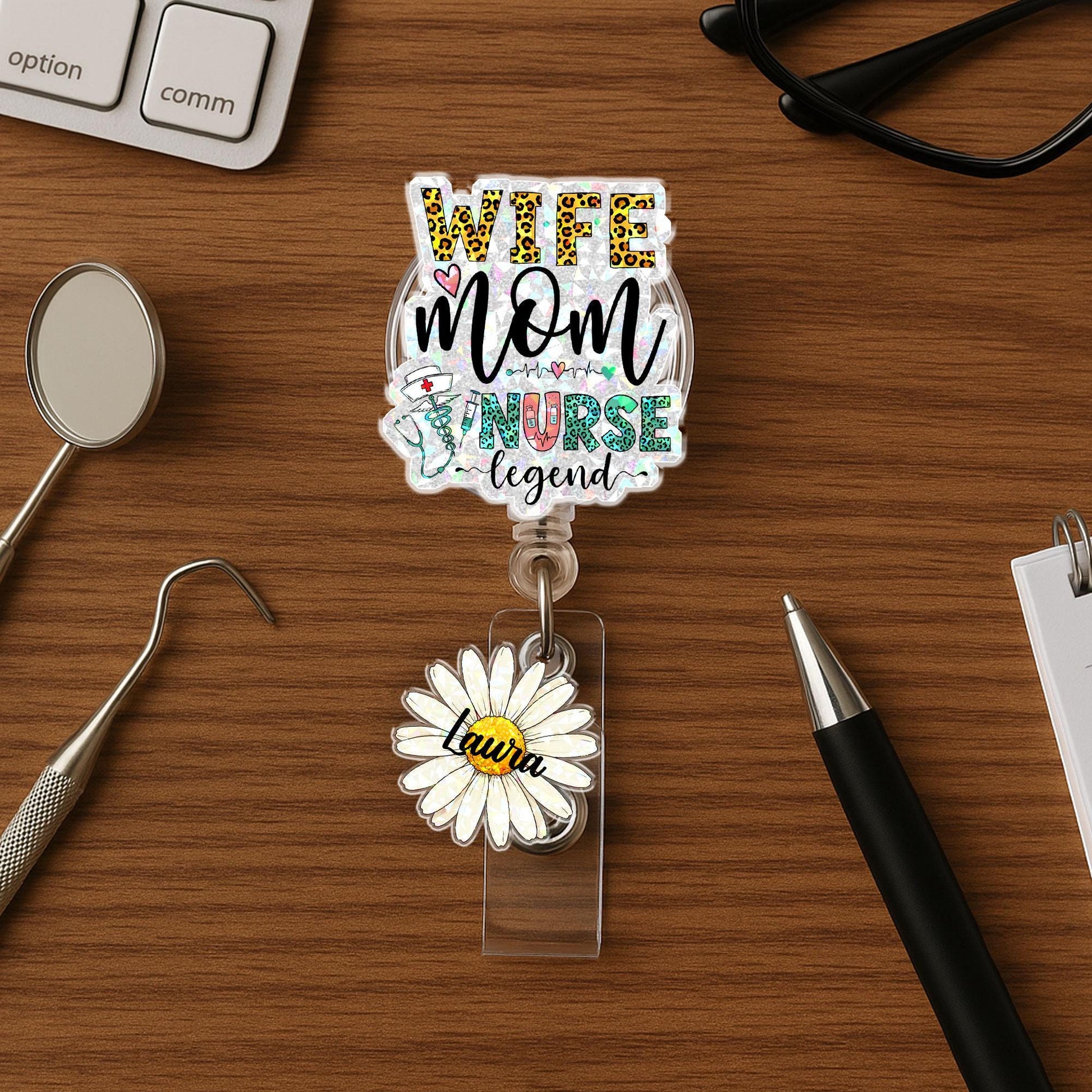 Custom Wife Mom Nurse Legend Badge Reel – Personalized ID Holder for Nurses – Coffee Cup Daisy Name Tag Clip – Mother’s Day Gift, Nurse Moms