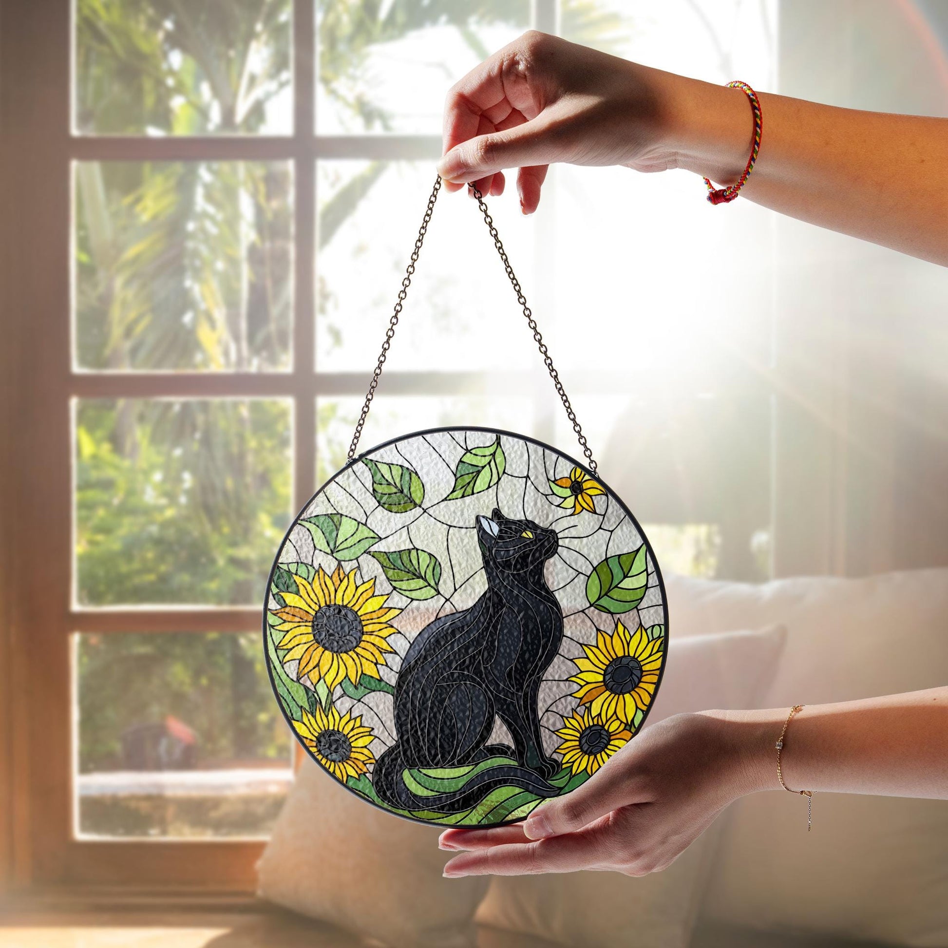Black cat among Sunflowers GLASS Suncatcher, sunflower lover gift, black cat mom gift suncatcher Mother's day gift 2025