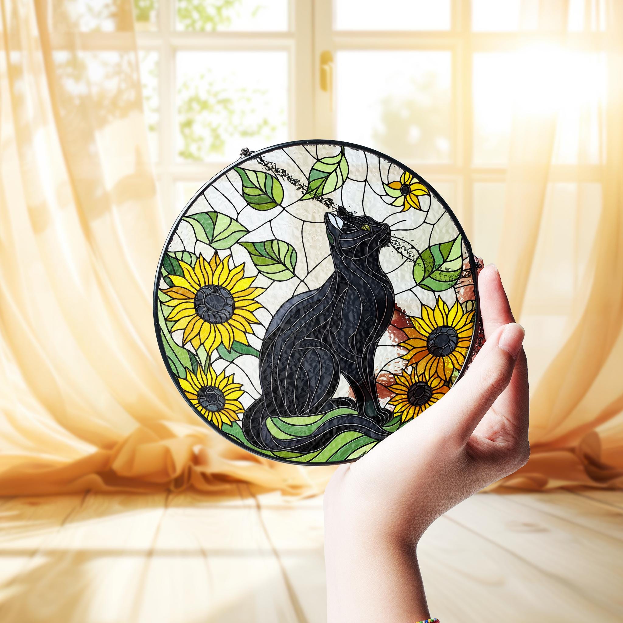 Black cat among Sunflowers GLASS Suncatcher, sunflower lover gift, black cat mom gift suncatcher Mother's day gift 2025