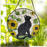 Black cat among Sunflowers GLASS Suncatcher, sunflower lover gift, black cat mom gift suncatcher Mother's day gift 2025