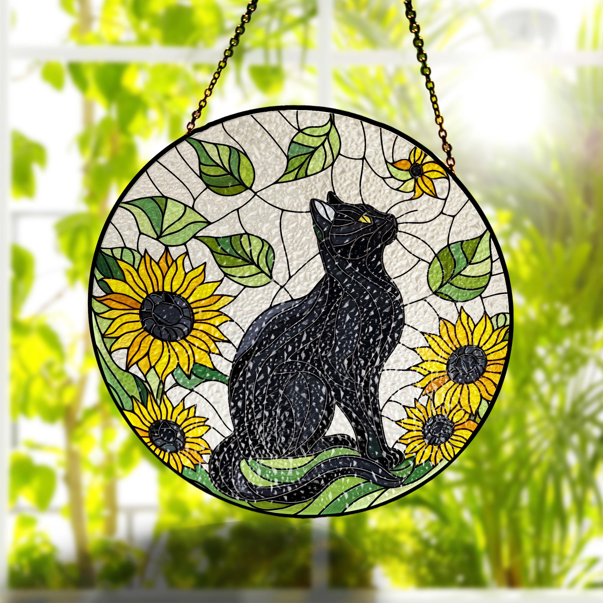 Black cat among Sunflowers GLASS Suncatcher, sunflower lover gift, black cat mom gift suncatcher Mother's day gift 2025