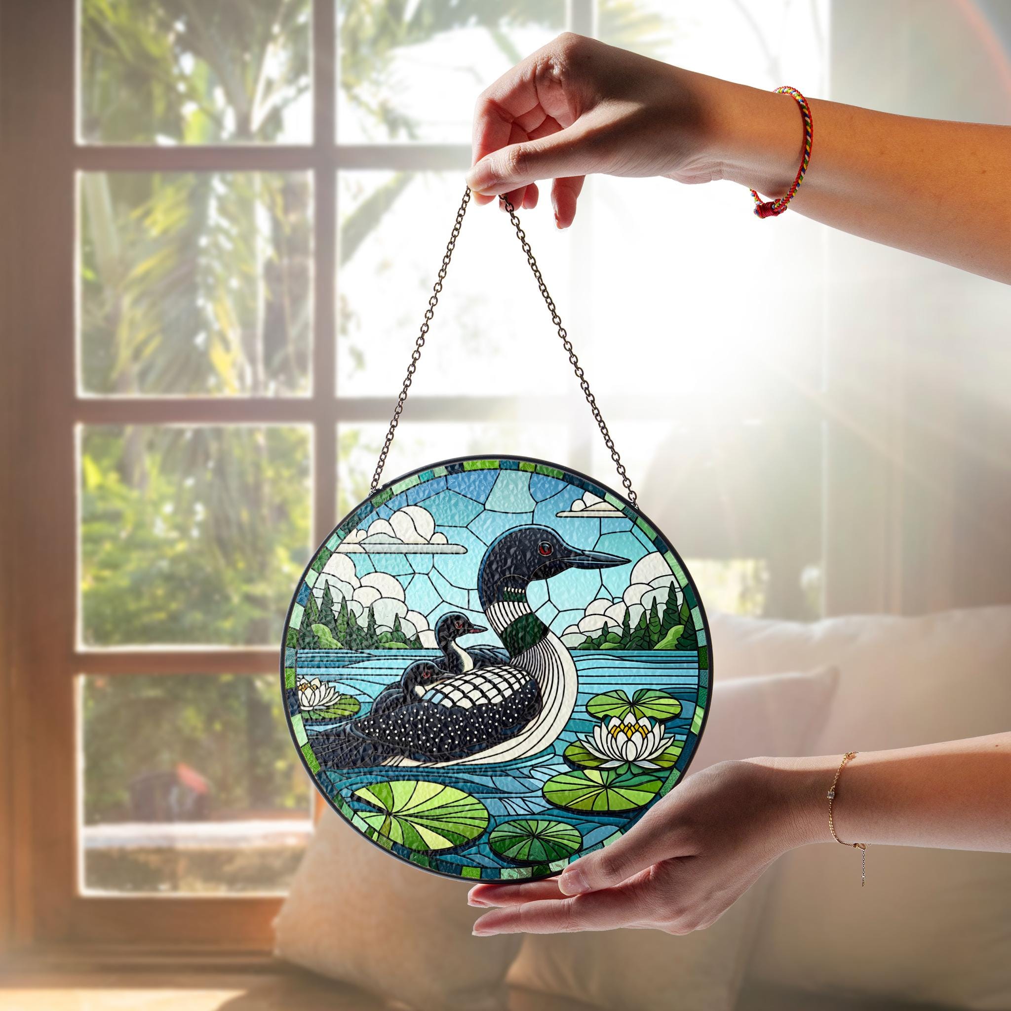 Loon Family Glass Suncatcher – Mother's Day Gift for Nature Loving Mom, Handcrafted Lake Bird Window Decor- Mother's day gift 2025