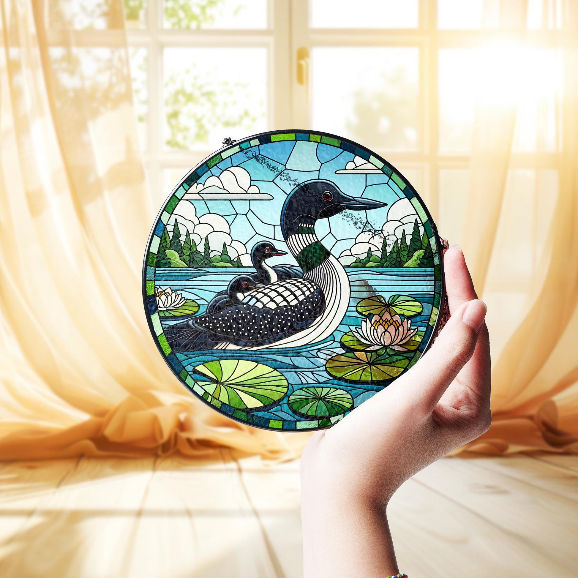 Loon Family Glass Suncatcher – Mother's Day Gift for Nature Loving Mom, Handcrafted Lake Bird Window Decor- Mother's day gift 2025