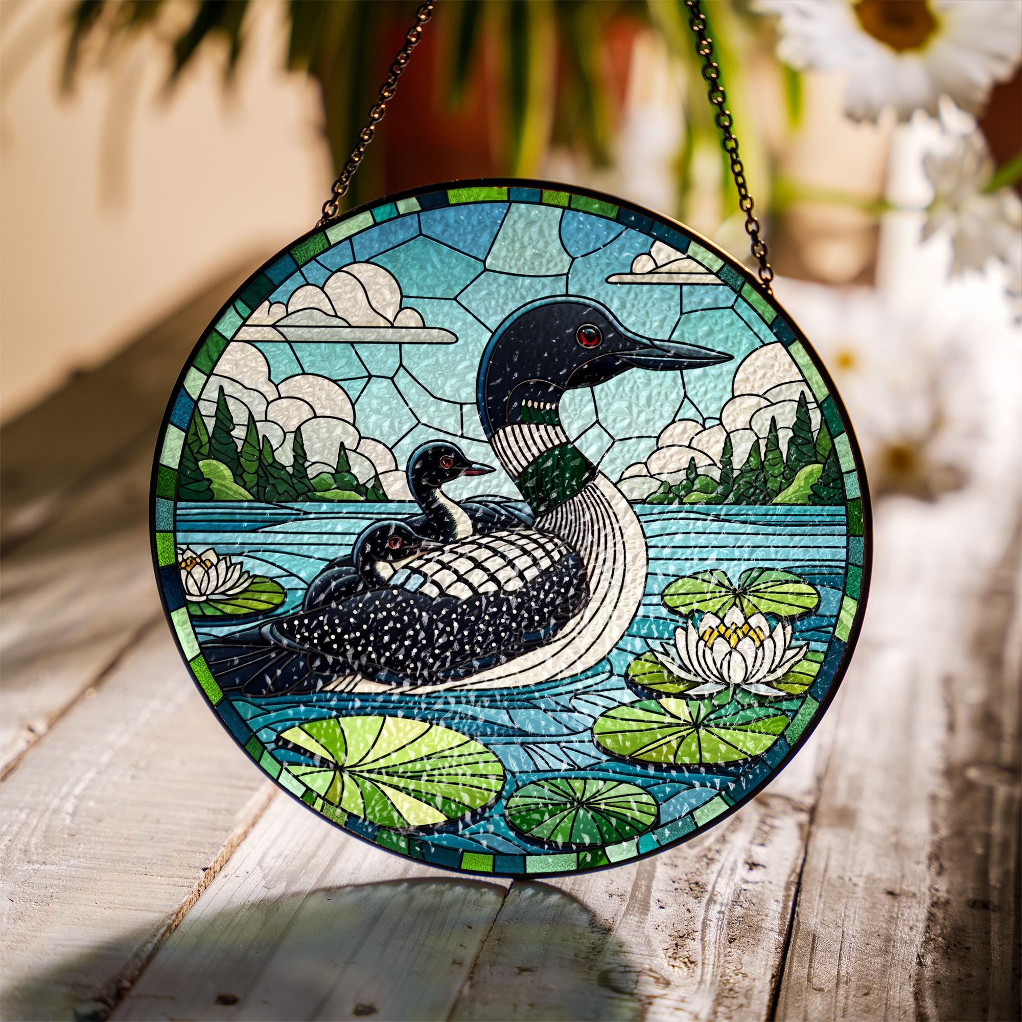 Loon Family Glass Suncatcher – Mother's Day Gift for Nature Loving Mom, Handcrafted Lake Bird Window Decor- Mother's day gift 2025