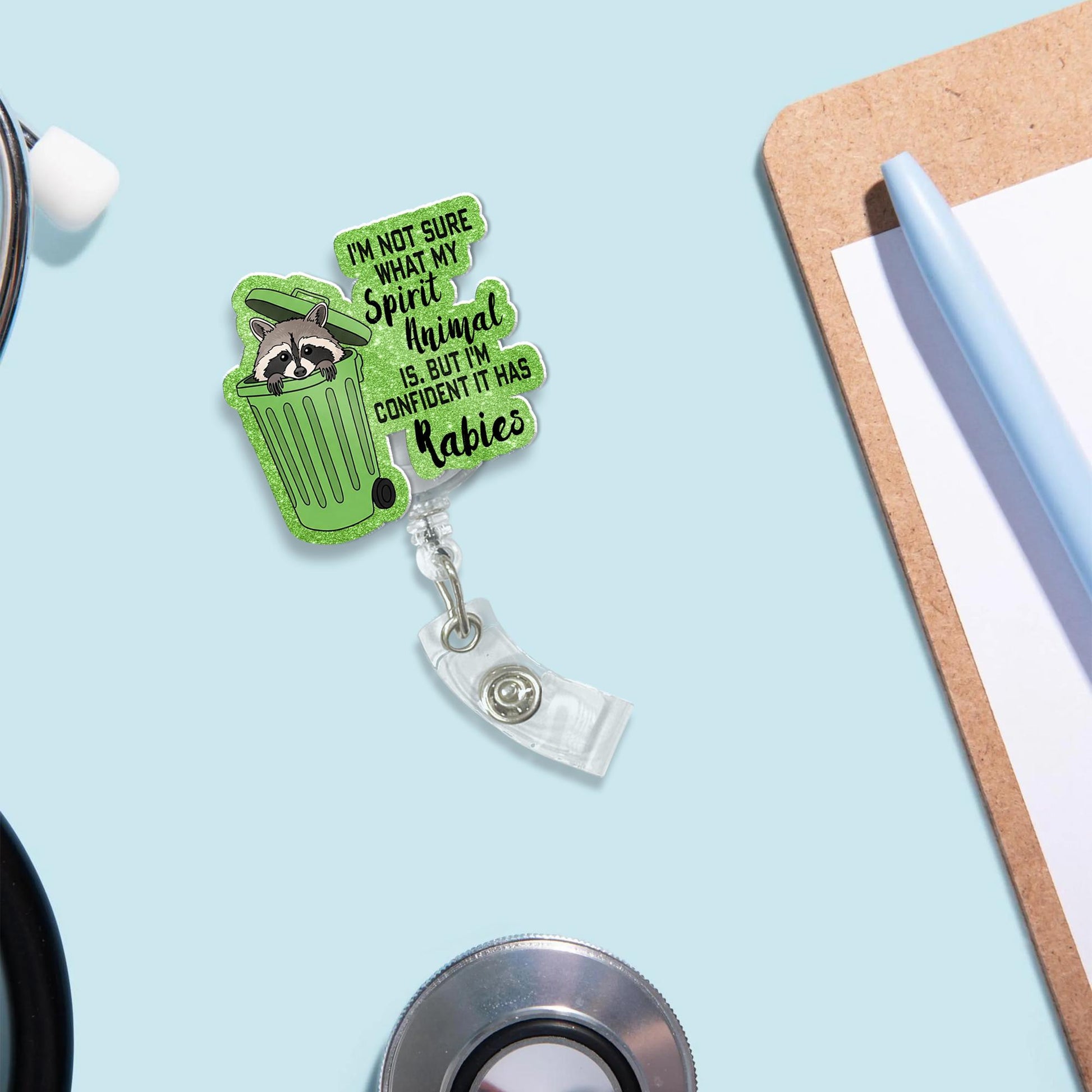 I'm not sure what my Spirit Animal is ,but I'm confident it has Rabies, Funny Nurse Gift, RN ID Holder, Sarcastic Gift, Funny Gift, Raccoon