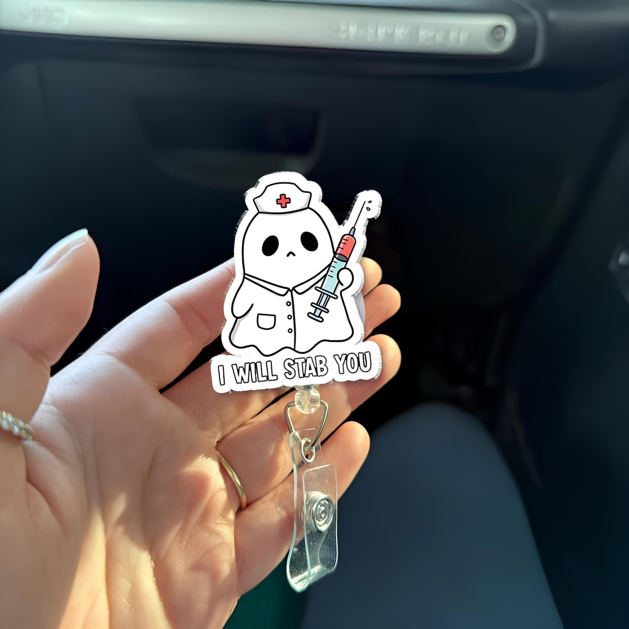I will stab you badge reel, Funny nurse Id Holder, ER Reel, Cute ghost nurse, Health care, Medical healthcare Gift, Ghost Badge Reel Clip