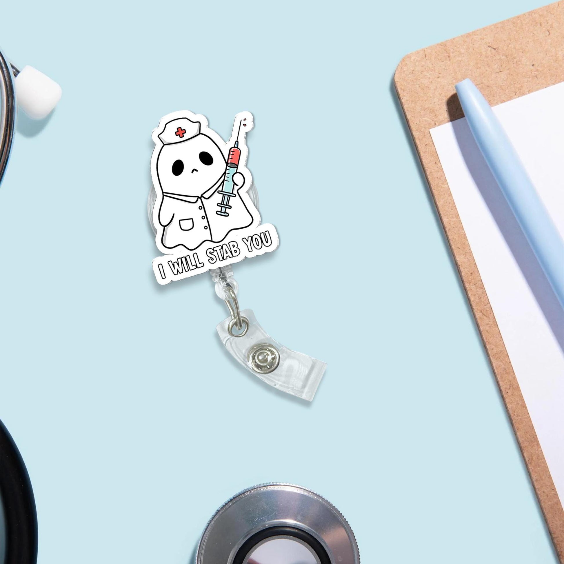I will stab you badge reel, Funny nurse Id Holder, ER Reel, Cute ghost nurse, Health care, Medical healthcare Gift, Ghost Badge Reel Clip