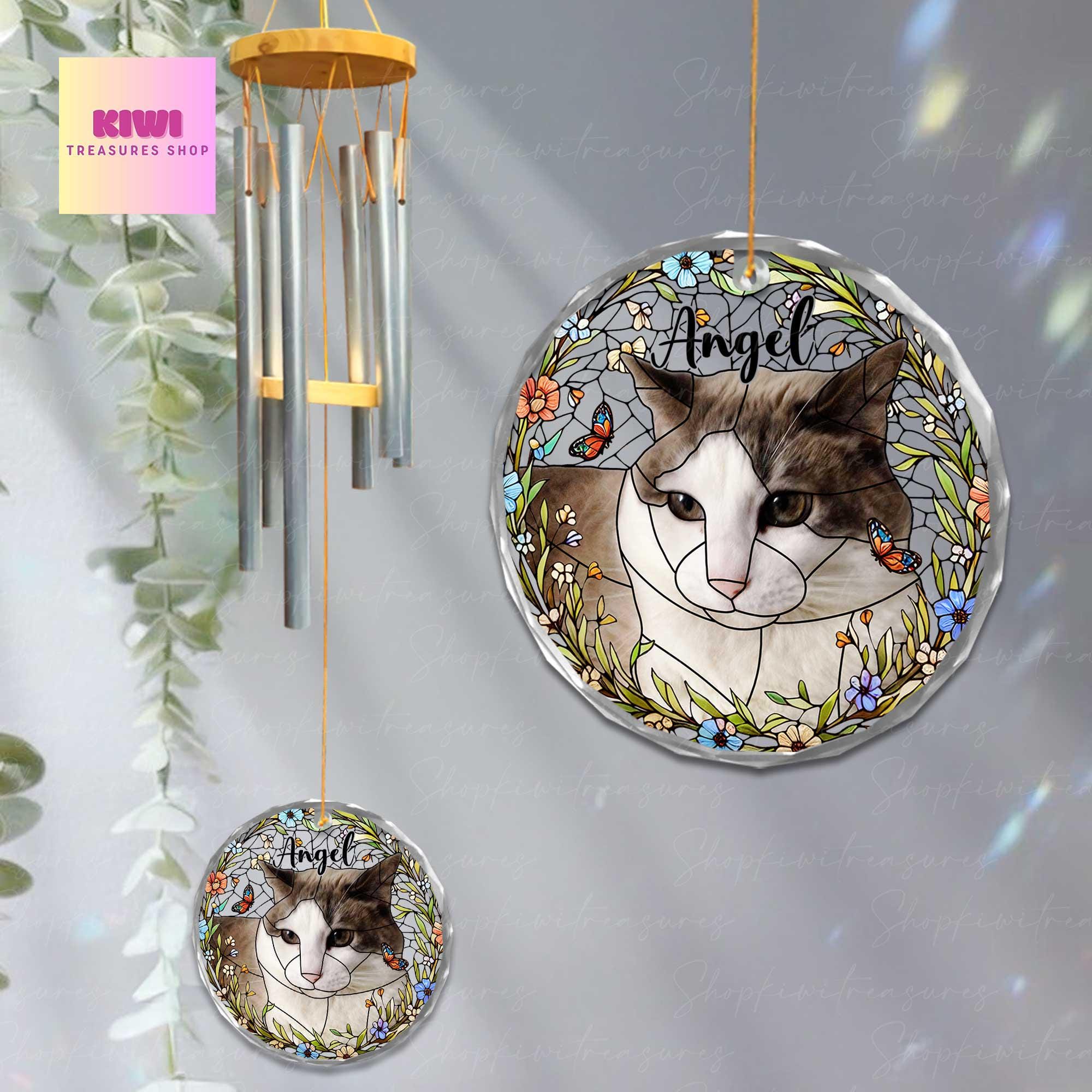Pet Photo Windchime Gift for Mom, Memorial Cat Dog Wind Chime with Picture glass ornament, Personalized Mother's Day Garden Gift for Loss