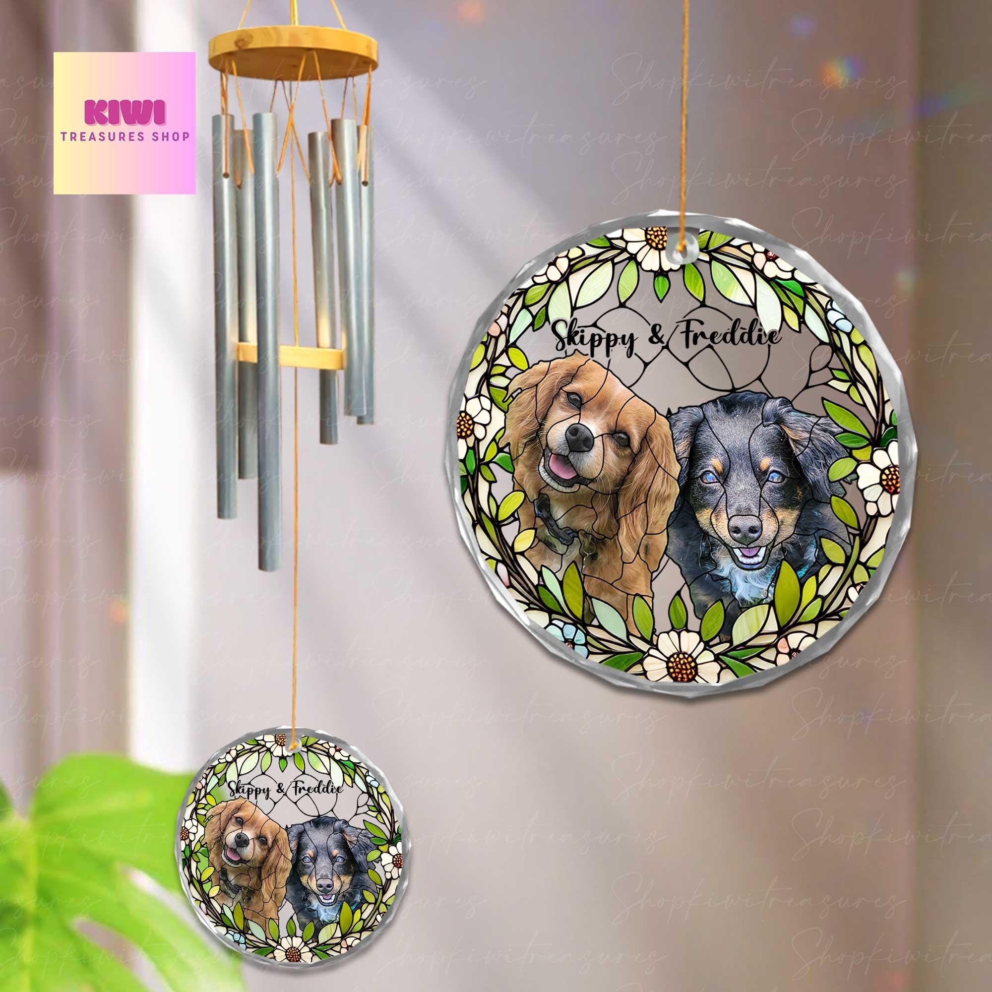 Dog Photo Windchime Gift for Mom, Memorial Cat Dog Wind Chime with Picture glass ornament, Personalized Mother's Day Garden Gift for Loss