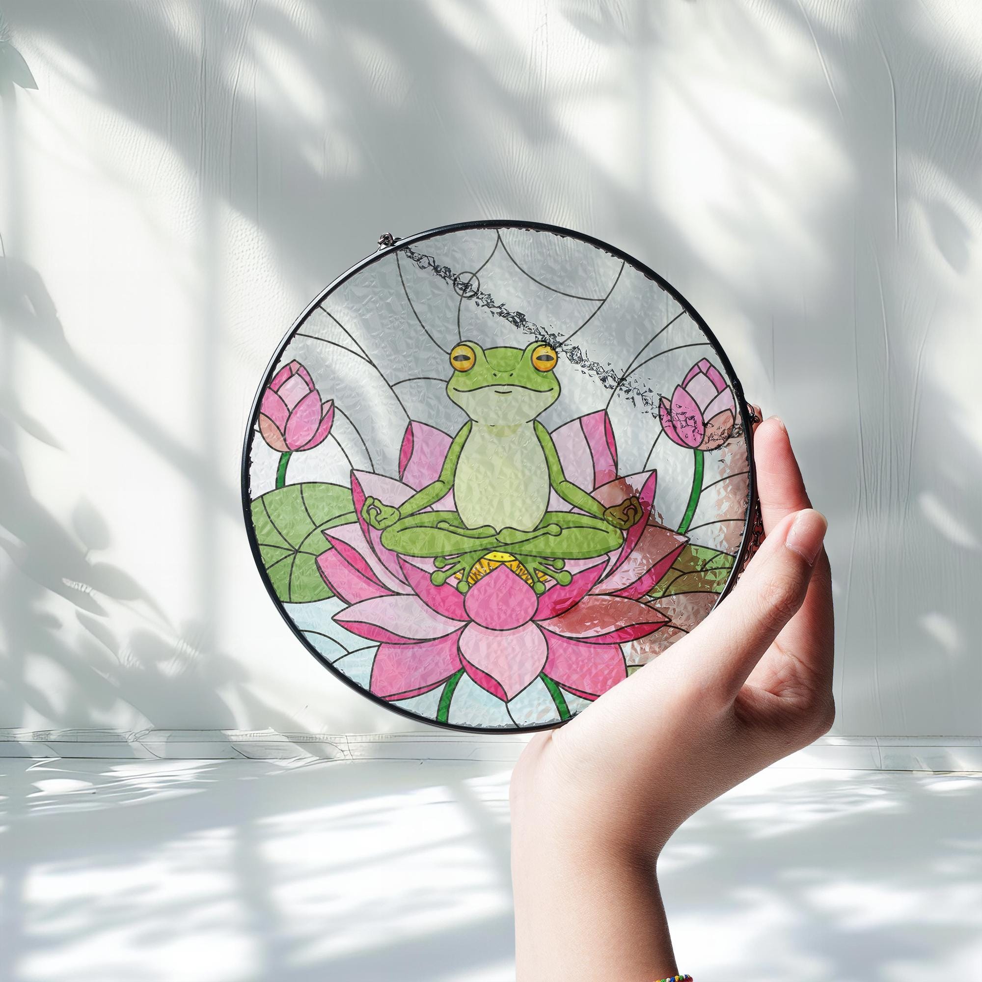 Frog Meditating Lotus Suncatcher | Stained Glass Window Decor | Zen Frog Gift | Mindful Frog Art | Mother's Day Garden Gift