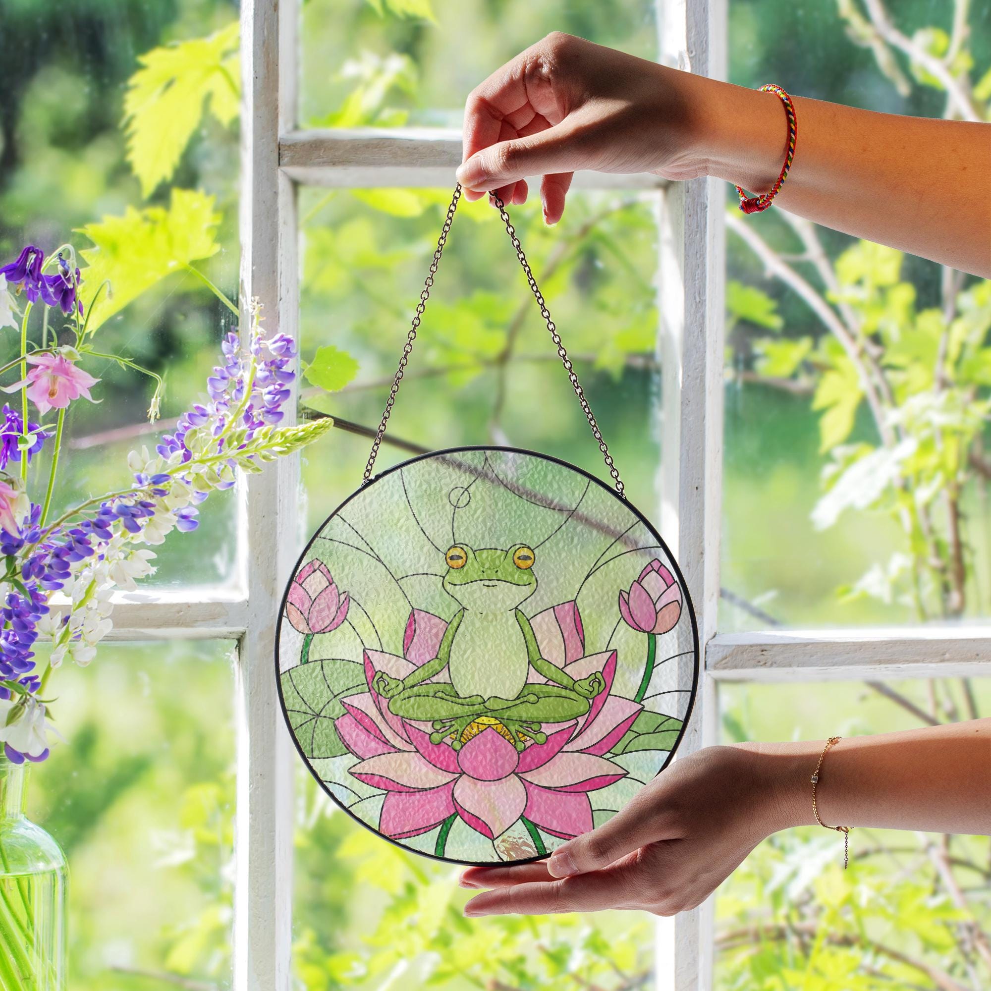 Frog Meditating Lotus Suncatcher | Stained Glass Window Decor | Zen Frog Gift | Mindful Frog Art | Mother's Day Garden Gift