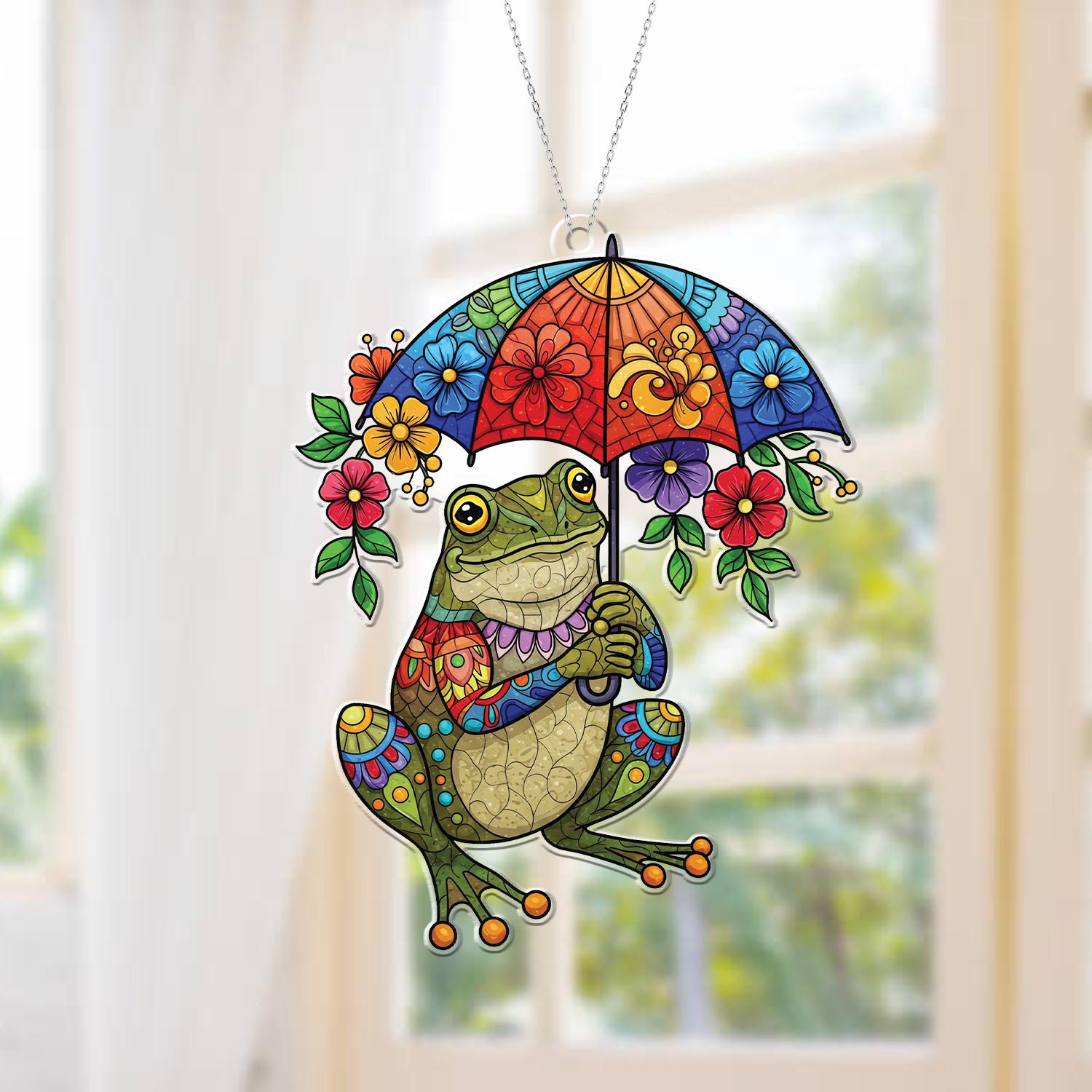 Colorful Frog Umbrella Window Hanging | Acrylic Suncatcher Decor | Whimsical Frog Gift | Flower Frog Art | Mother's Day Window Charm