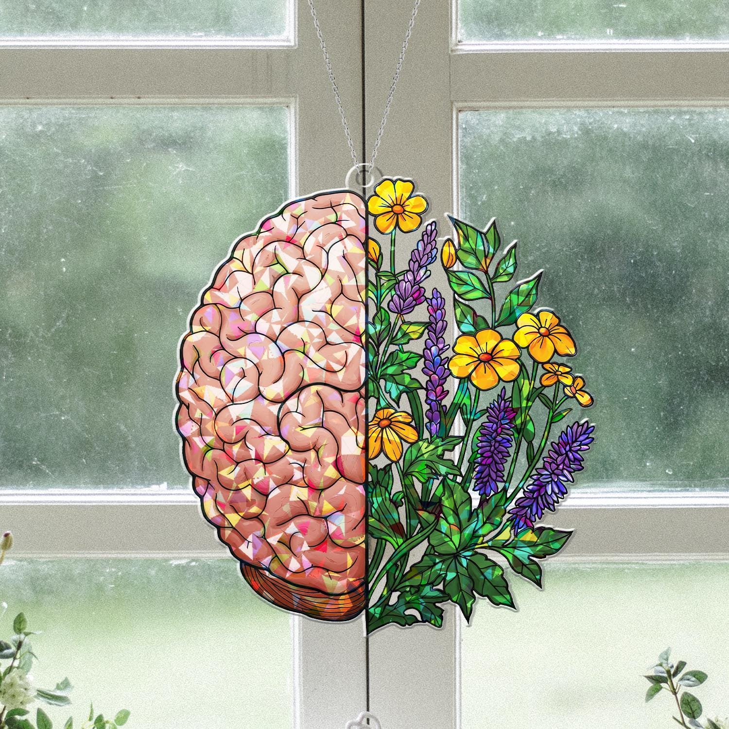 Brain & Flowers Acrylic Suncatcher | Holographic Window Hanging | Mental Health Art Gift | Floral Mind Decor | Mother's Day Gift Idea