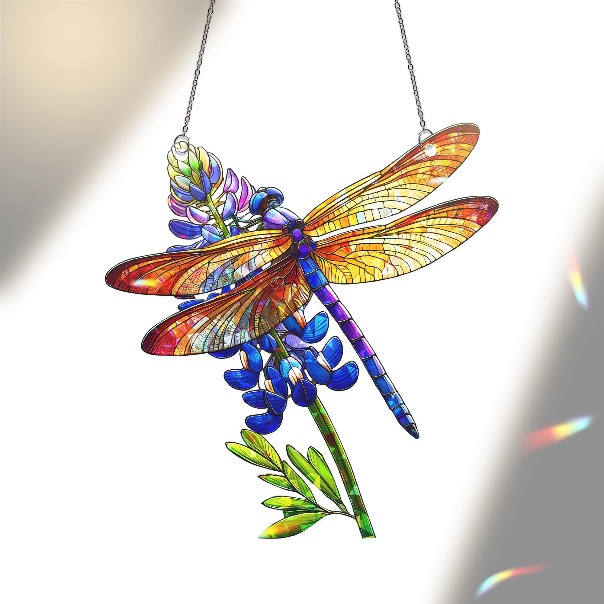 Dragonfly and Texas Bluebonnet Holographic Suncatcher Gift for Mom on Mother's Day, Wildflower Window Decor, Garden Nature Lover Gift