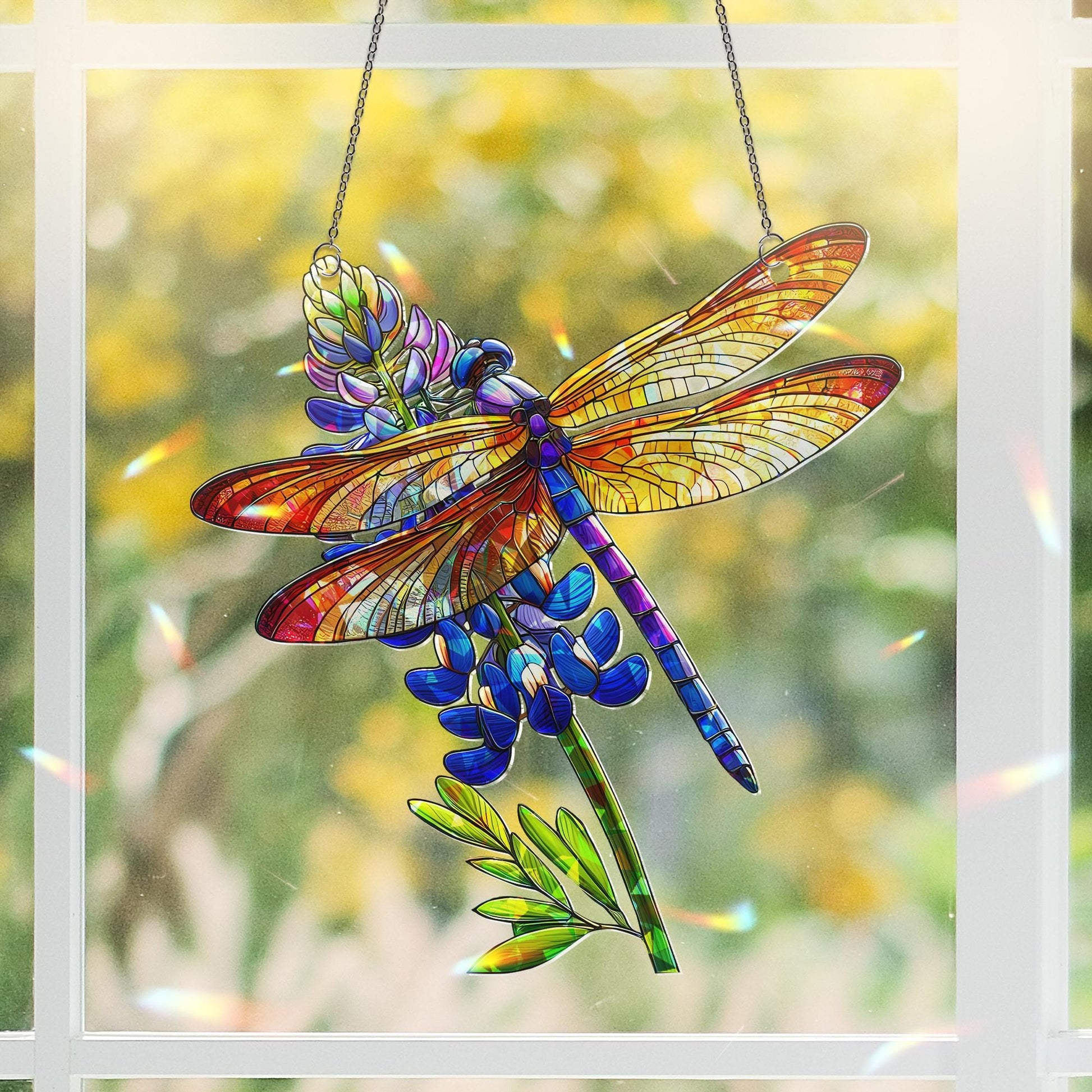 Dragonfly and Texas Bluebonnet Holographic Suncatcher Gift for Mom on Mother's Day, Wildflower Window Decor, Garden Nature Lover Gift
