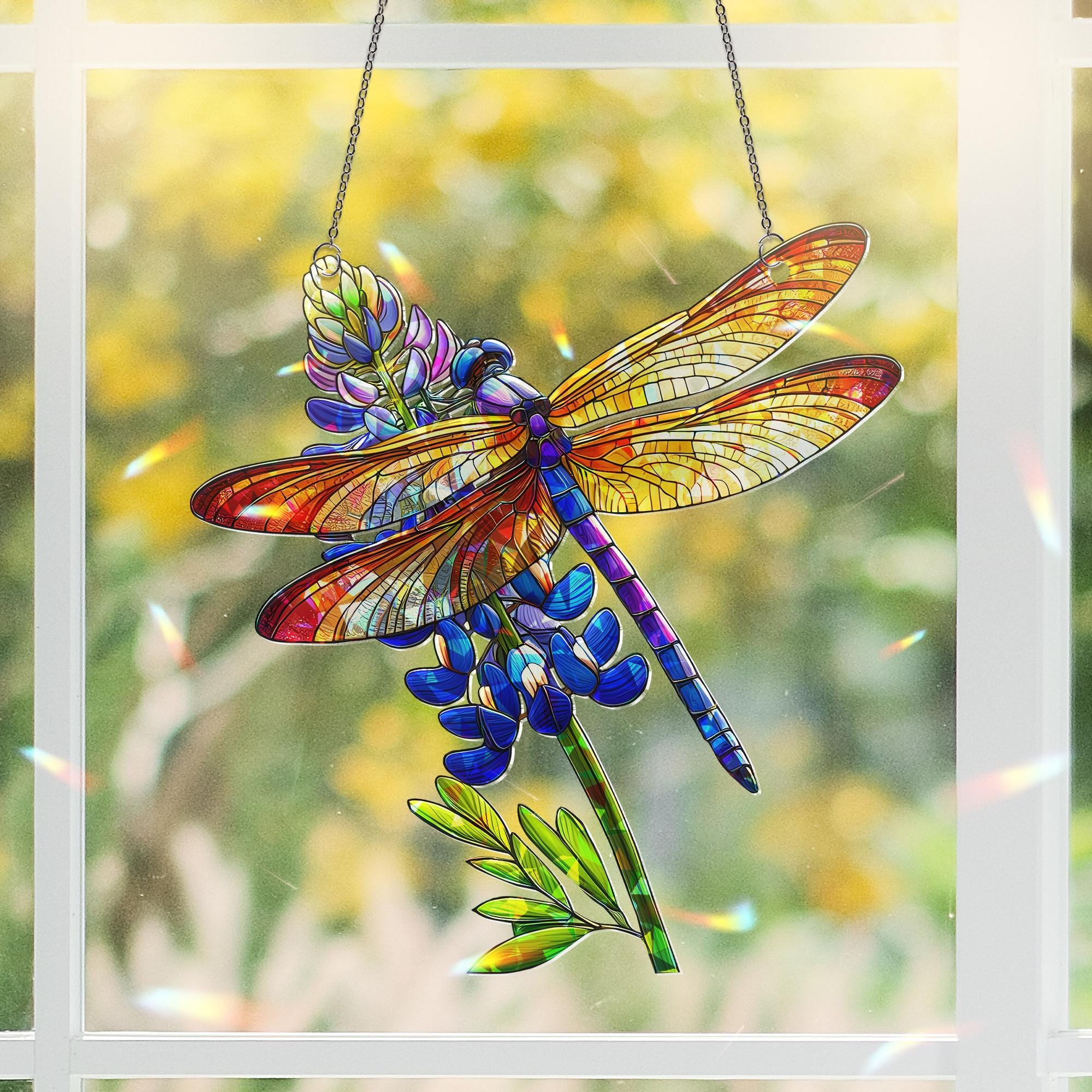 Dragonfly and Texas Bluebonnet Holographic Suncatcher Gift for Mom on Mother's Day, Wildflower Window Decor, Garden Nature Lover Gift