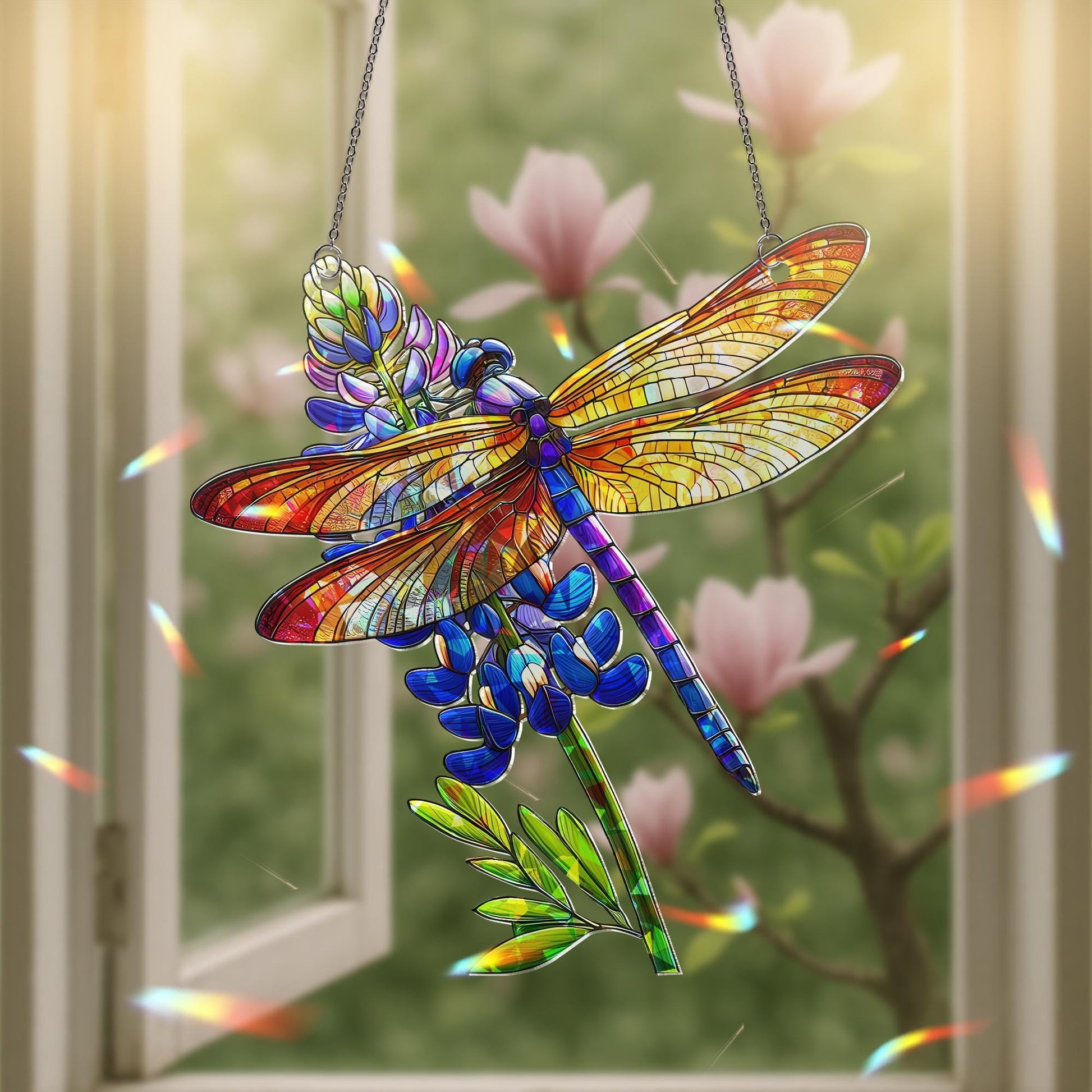 Dragonfly and Texas Bluebonnet Holographic Suncatcher Gift for Mom on Mother's Day, Wildflower Window Decor, Garden Nature Lover Gift