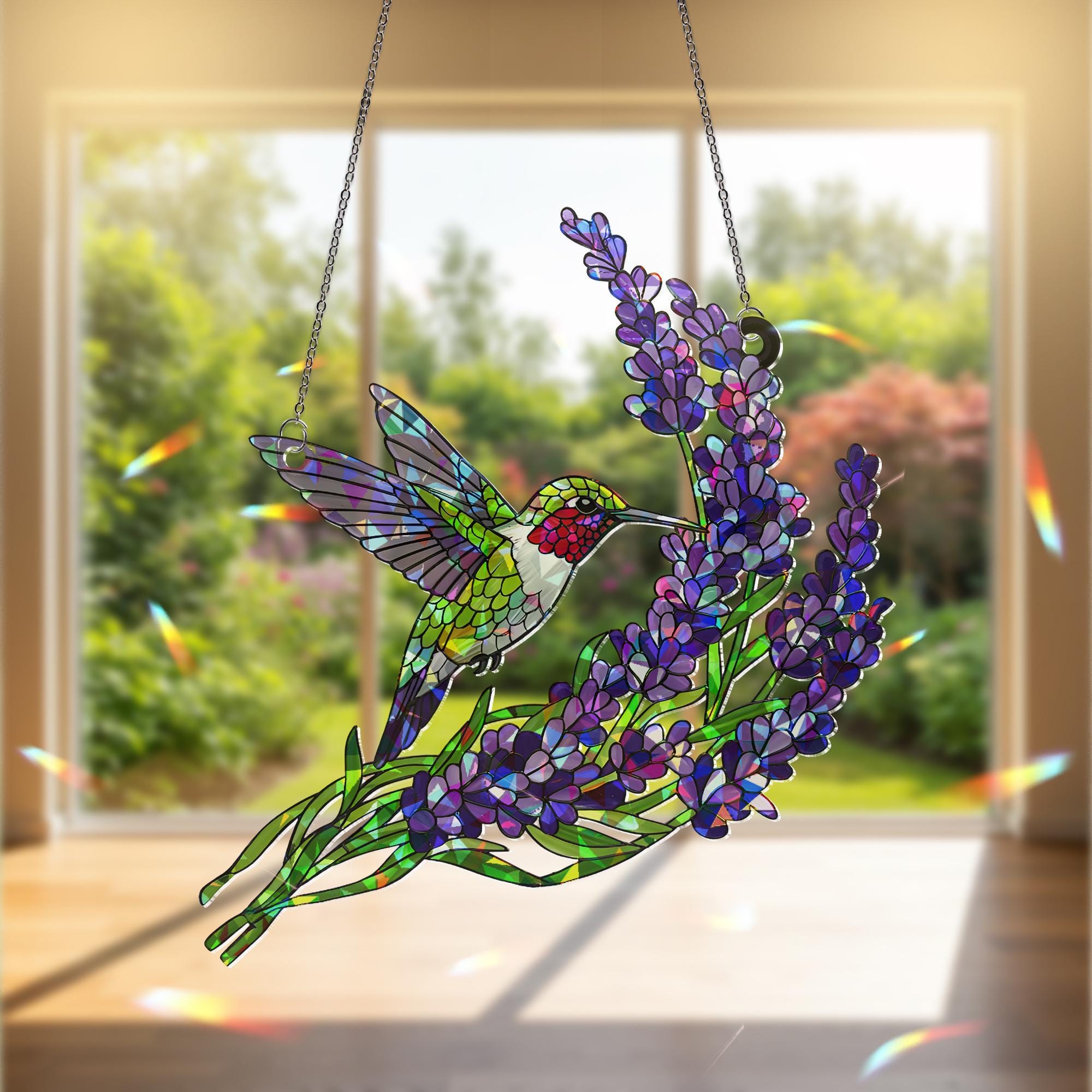 Holographic Hummingbird Suncatcher, Lavender Flower Window Hanging, Mother's Day Gift, Gift for Mom, Acrylic Bird Decor, Bird Lavender Decor