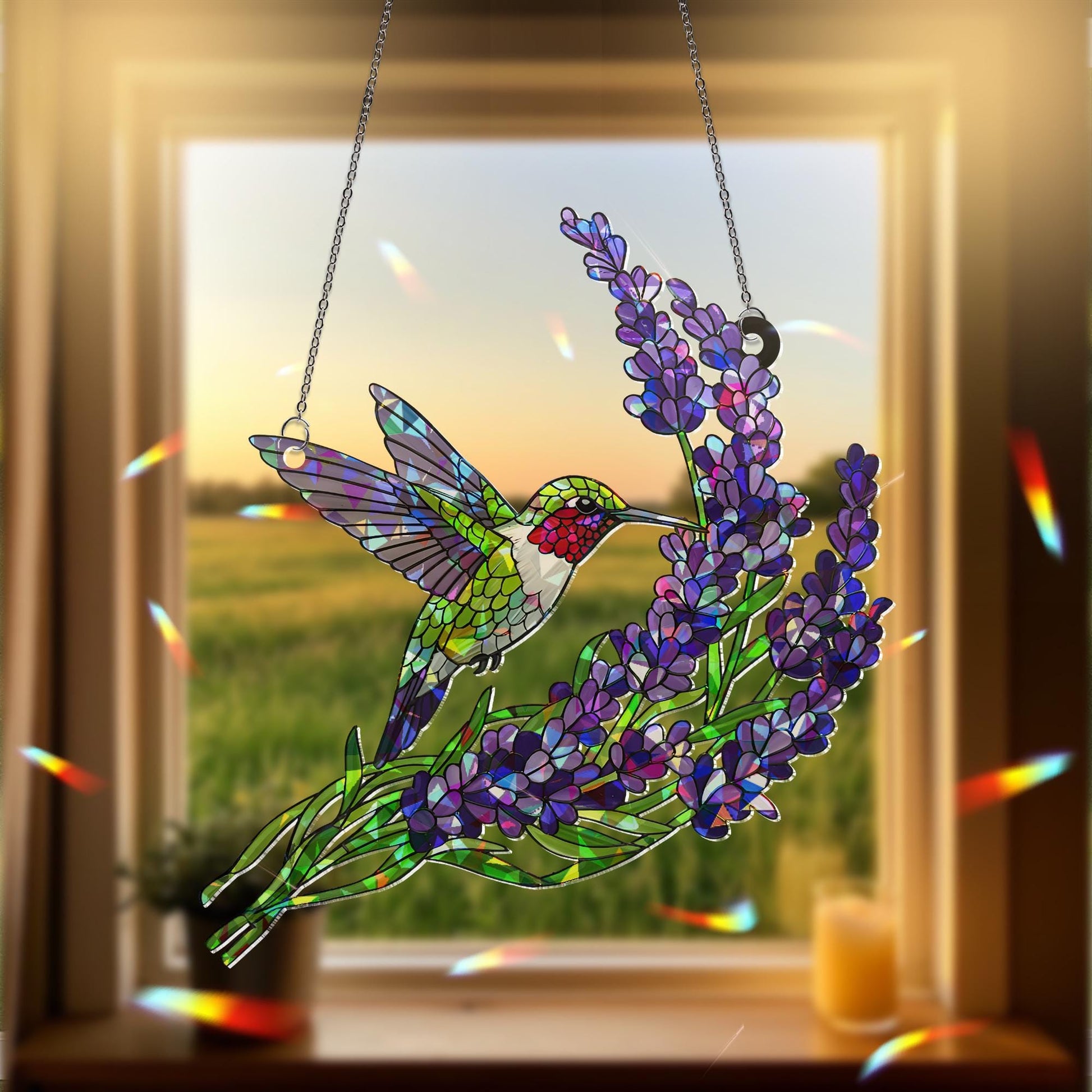 Holographic Hummingbird Suncatcher, Lavender Flower Window Hanging, Mother's Day Gift, Gift for Mom, Acrylic Bird Decor, Bird Lavender Decor