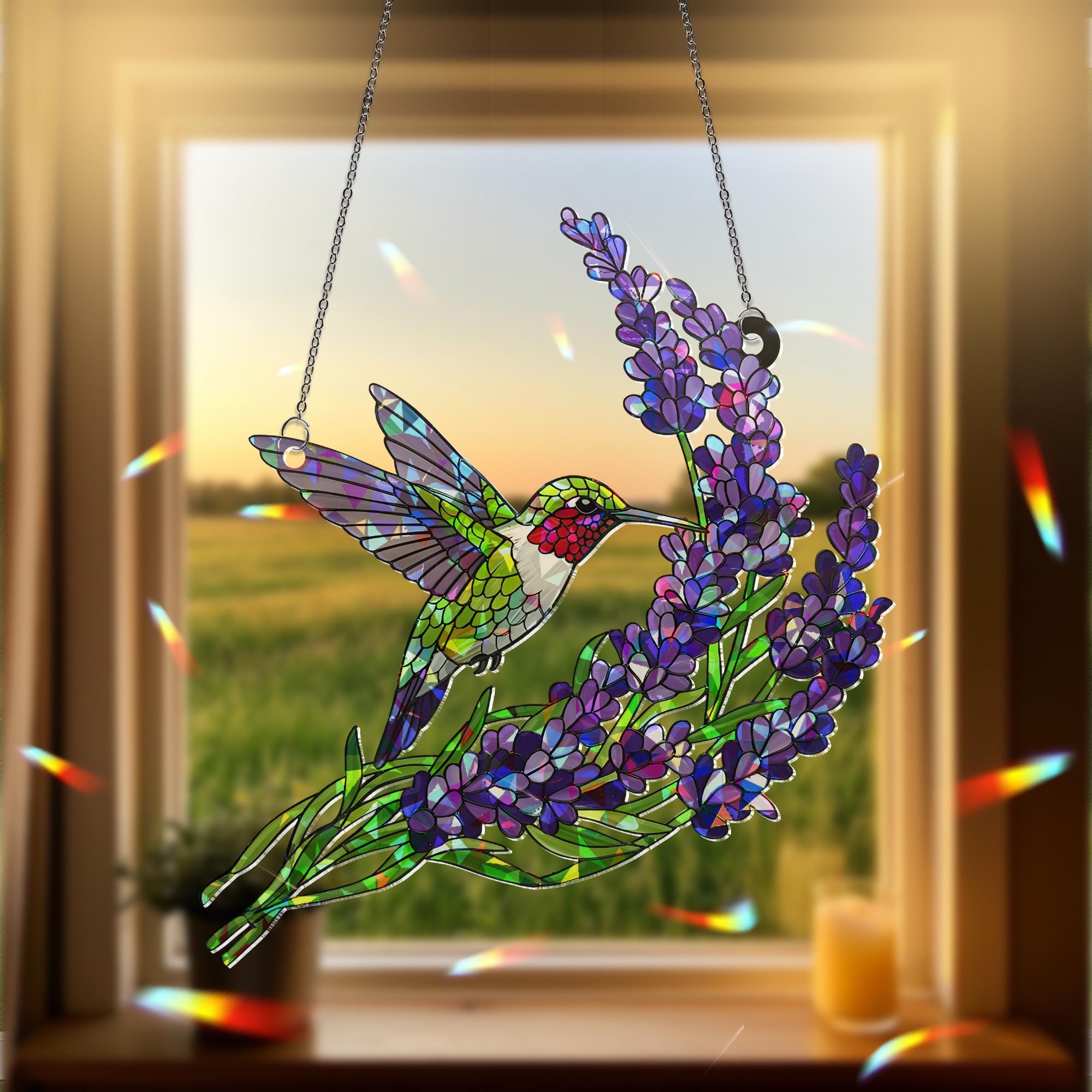 Holographic Hummingbird Suncatcher, Lavender Flower Window Hanging, Mother's Day Gift, Gift for Mom, Acrylic Bird Decor, Bird Lavender Decor