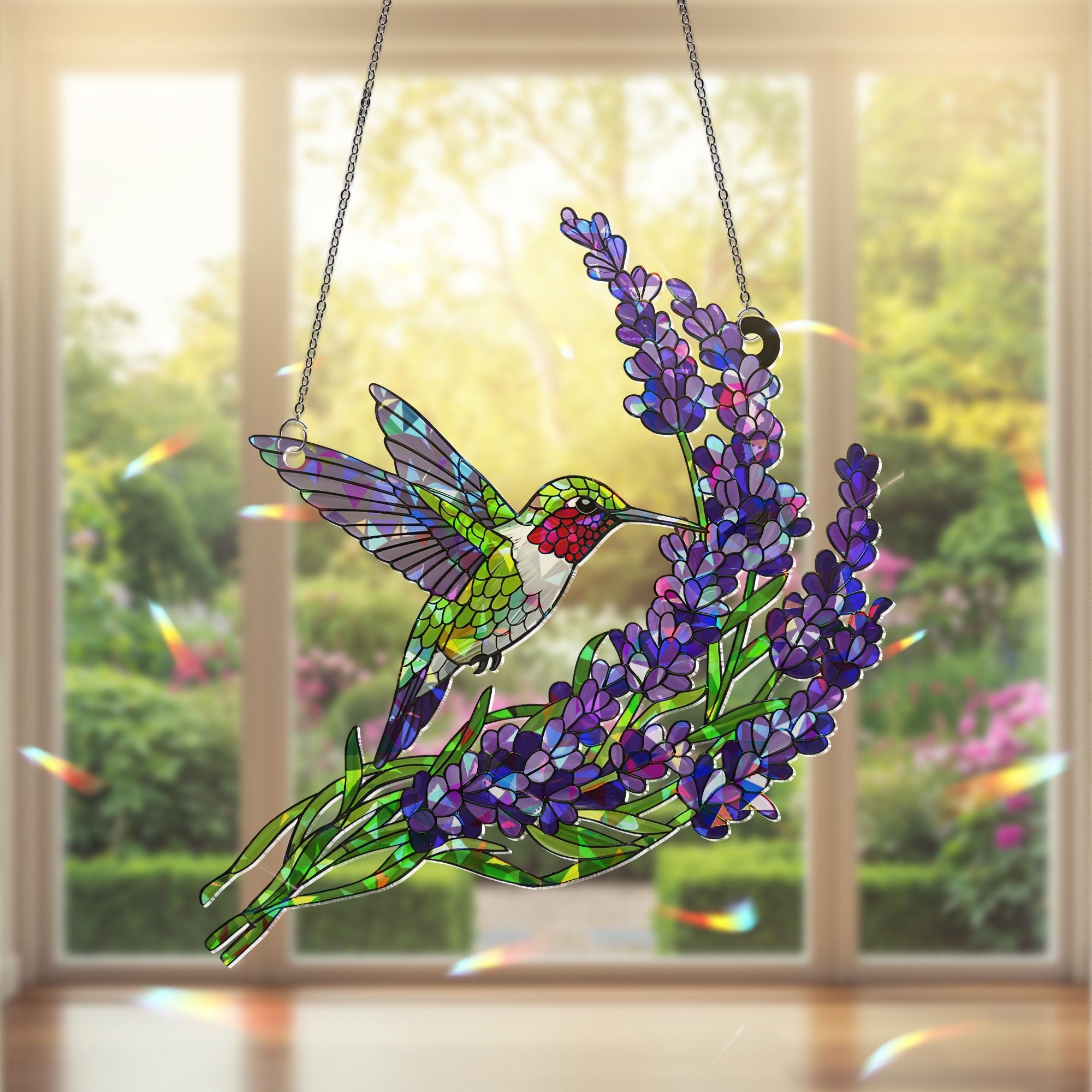 Holographic Hummingbird Suncatcher, Lavender Flower Window Hanging, Mother's Day Gift, Gift for Mom, Acrylic Bird Decor, Bird Lavender Decor