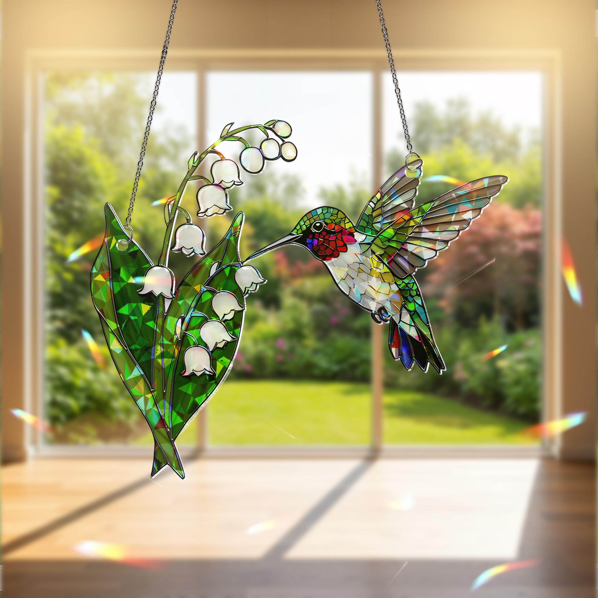 Holographic Hummingbird Suncatcher, Lily of the Valley Window Hanging, Mother's Day Gift, Gift for Mom, Floral Bird Acrylic Decor, Elegant