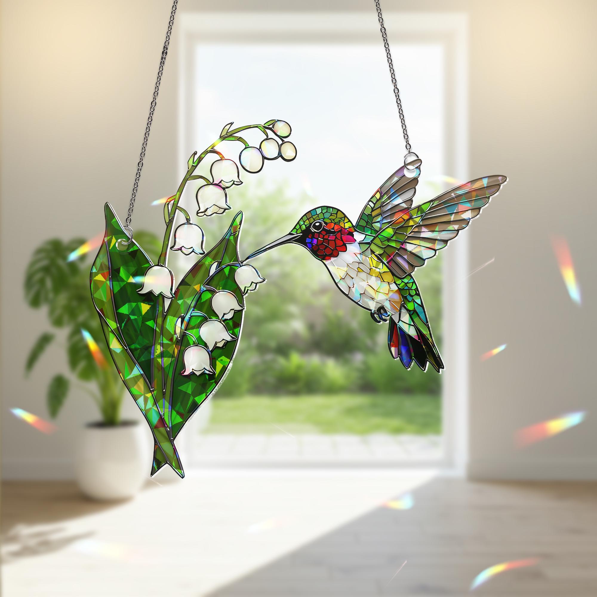Holographic Hummingbird Suncatcher, Lily of the Valley Window Hanging, Mother's Day Gift, Gift for Mom, Floral Bird Acrylic Decor, Elegant