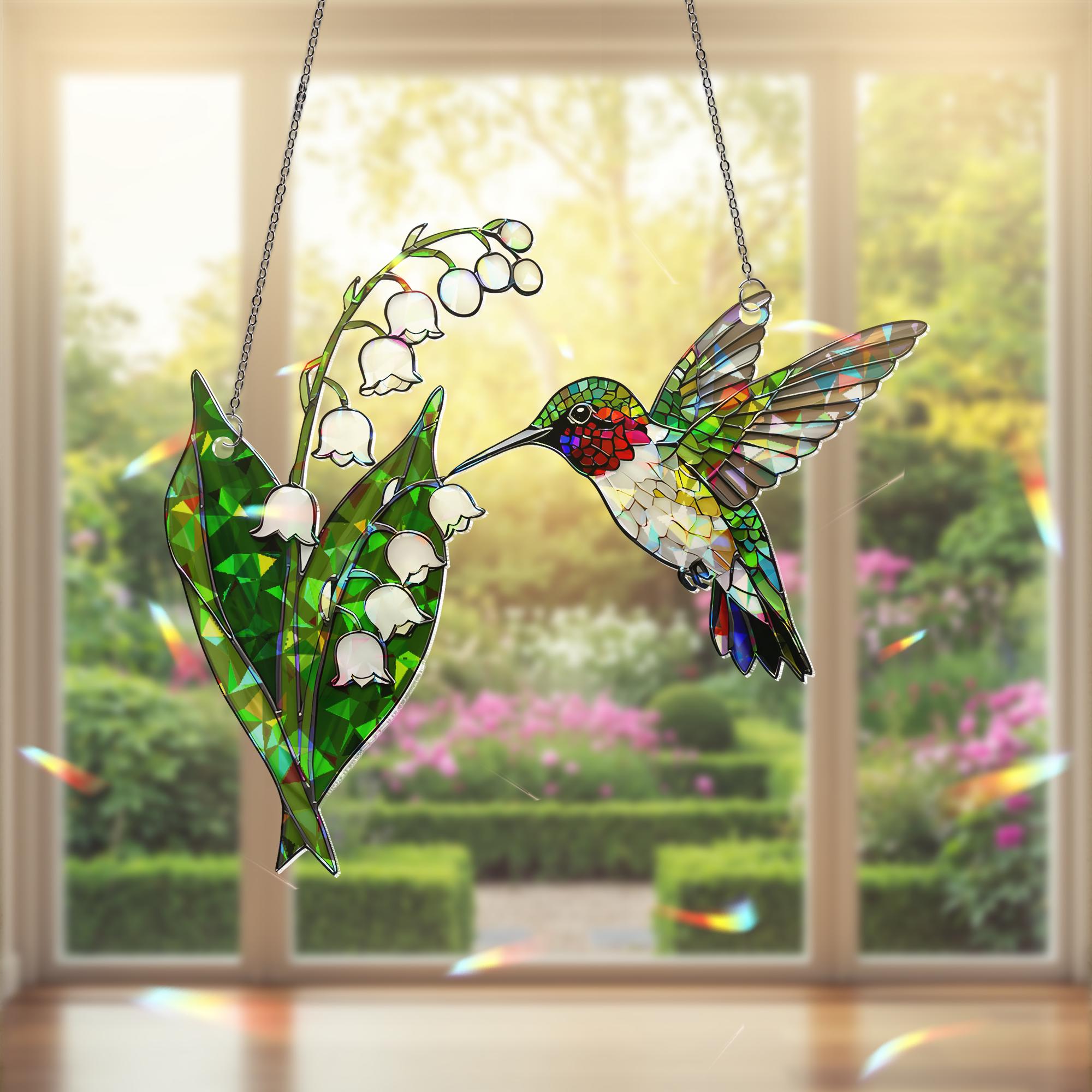 Holographic Hummingbird Suncatcher, Lily of the Valley Window Hanging, Mother's Day Gift, Gift for Mom, Floral Bird Acrylic Decor, Elegant