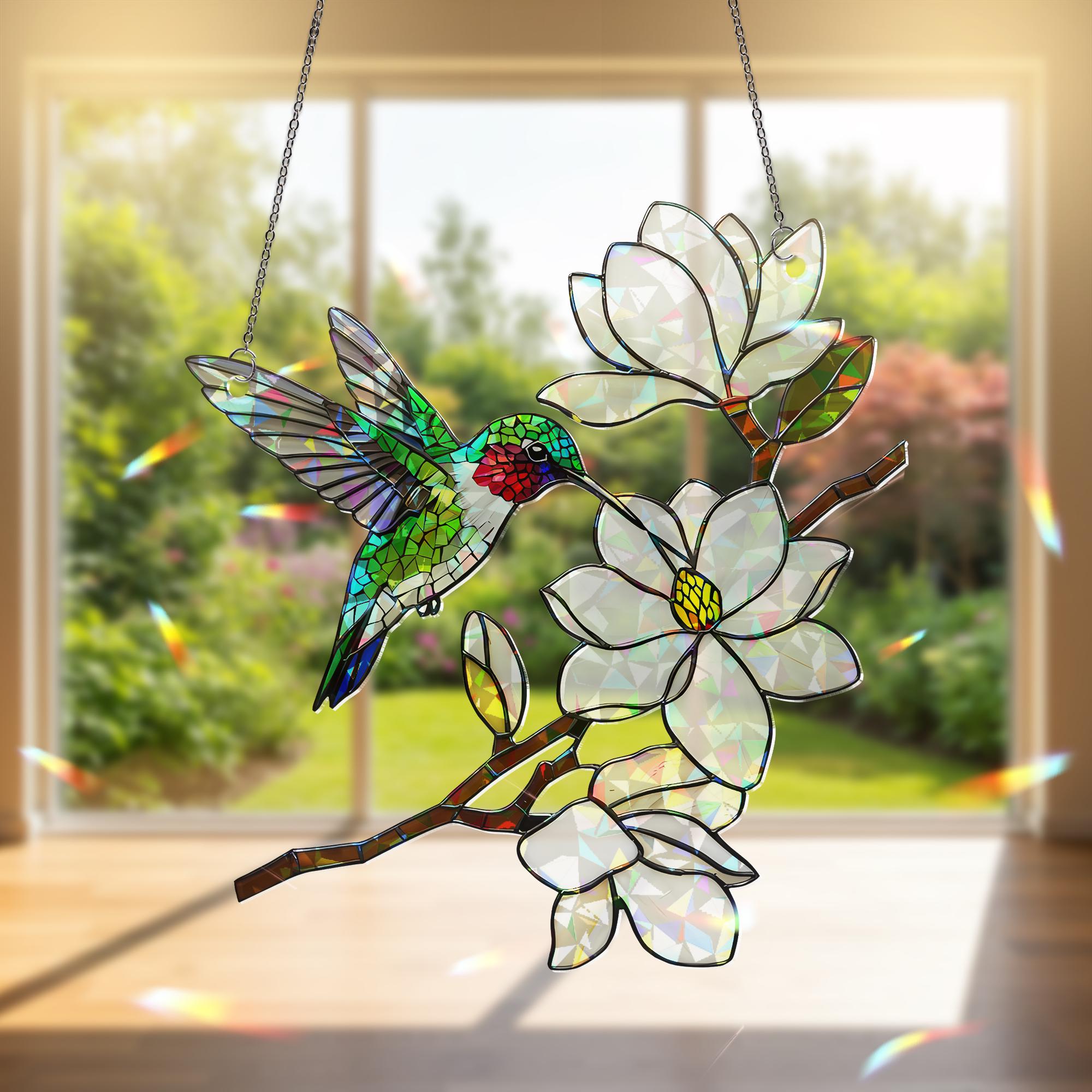 Holographic Hummingbird Suncatcher, Magnolia Flower Window Hanging, Mother's Day Gift, Gift for Mom, Floral Acrylic Decor, Floral Bird Decor