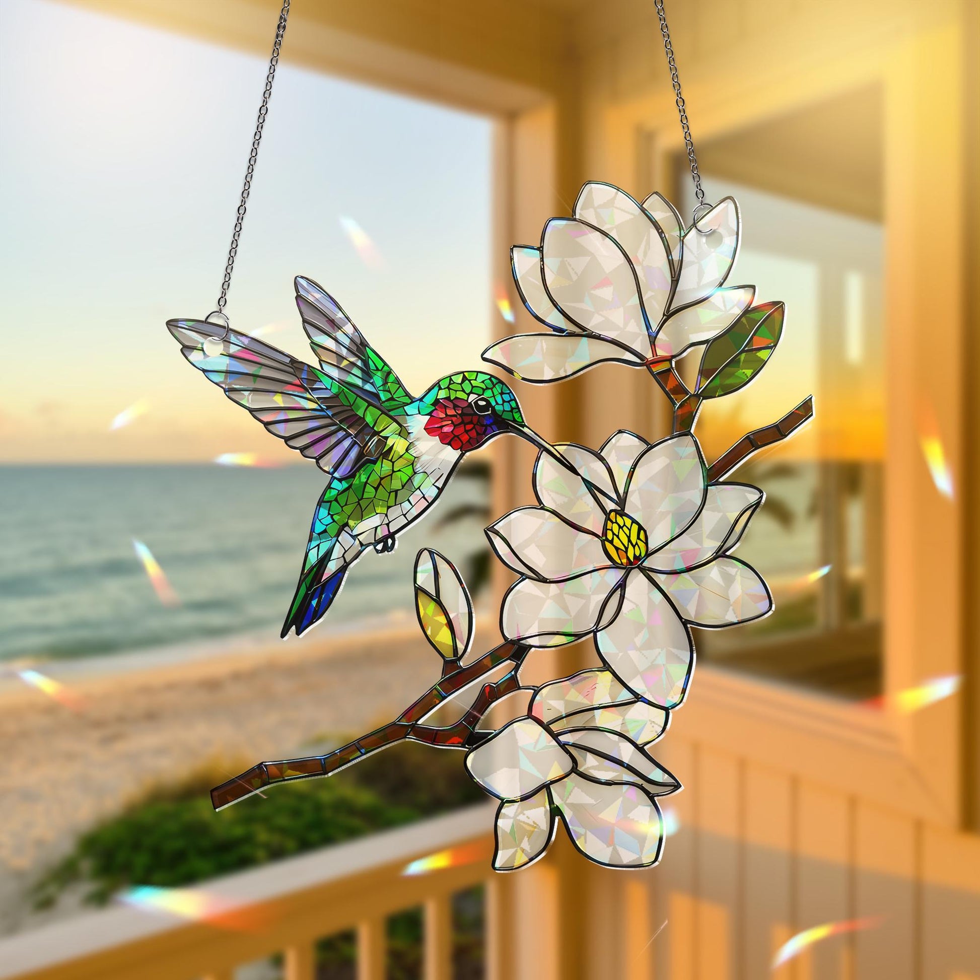 Holographic Hummingbird Suncatcher, Magnolia Flower Window Hanging, Mother's Day Gift, Gift for Mom, Floral Acrylic Decor, Floral Bird Decor