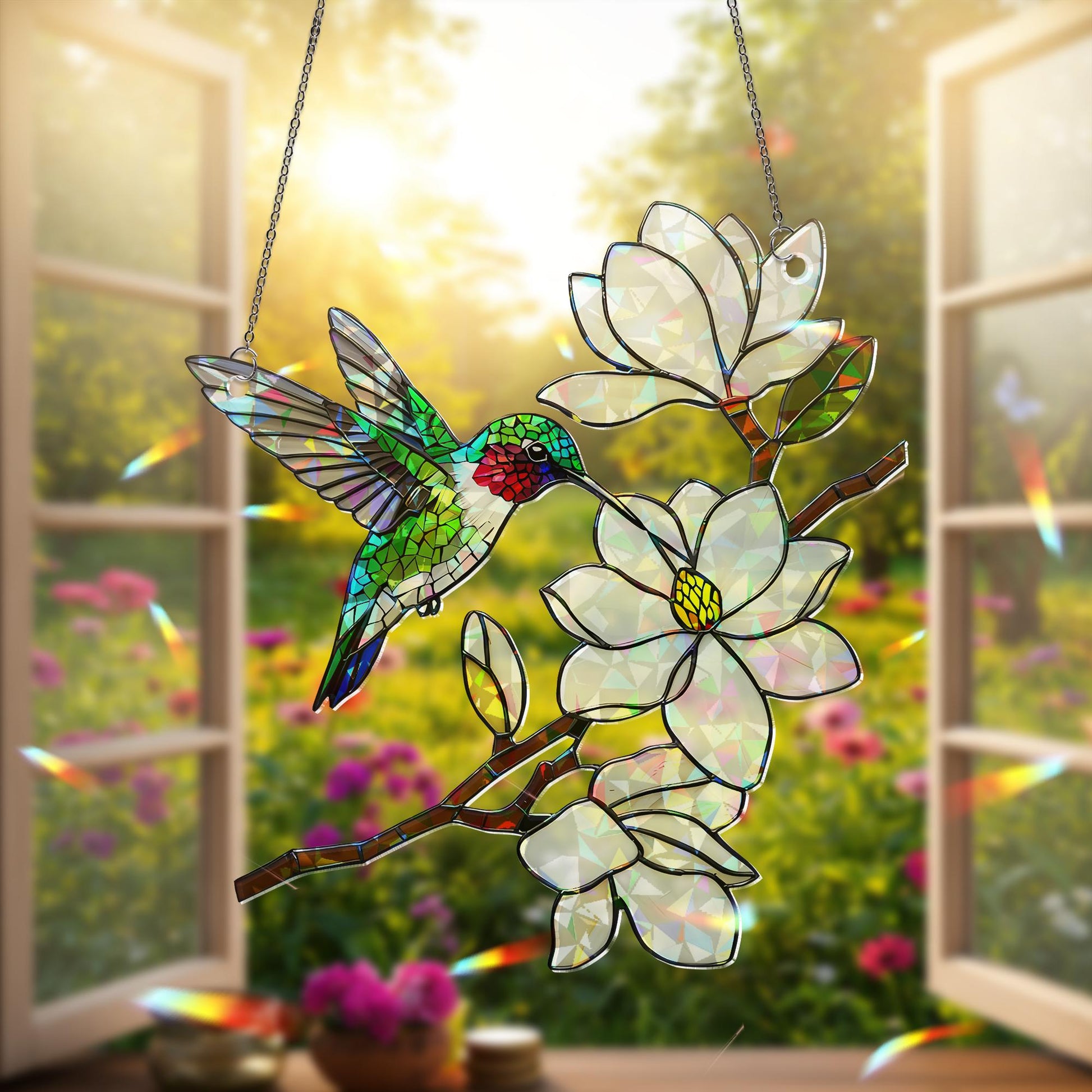 Holographic Hummingbird Suncatcher, Magnolia Flower Window Hanging, Mother's Day Gift, Gift for Mom, Floral Acrylic Decor, Floral Bird Decor