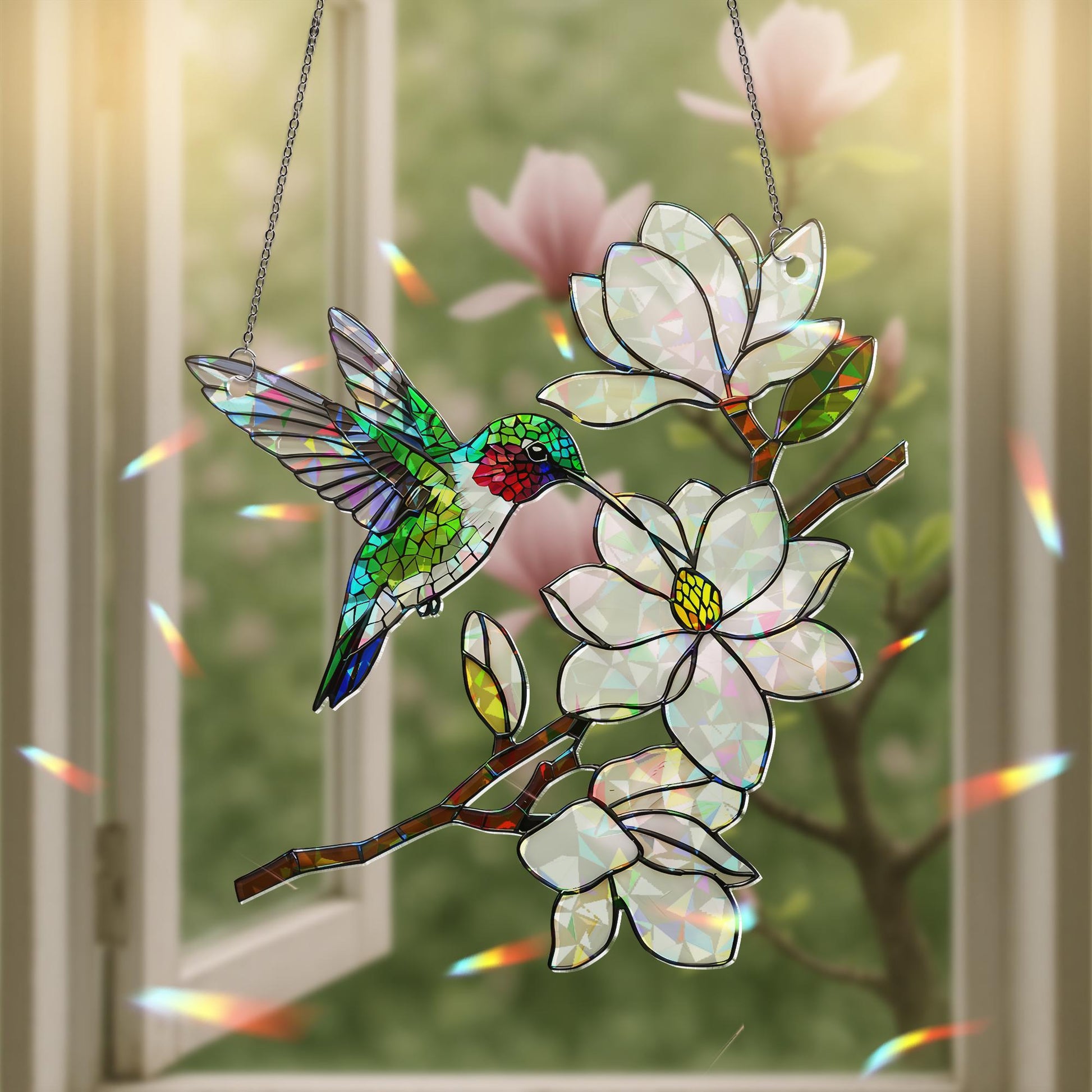 Holographic Hummingbird Suncatcher, Magnolia Flower Window Hanging, Mother's Day Gift, Gift for Mom, Floral Acrylic Decor, Floral Bird Decor