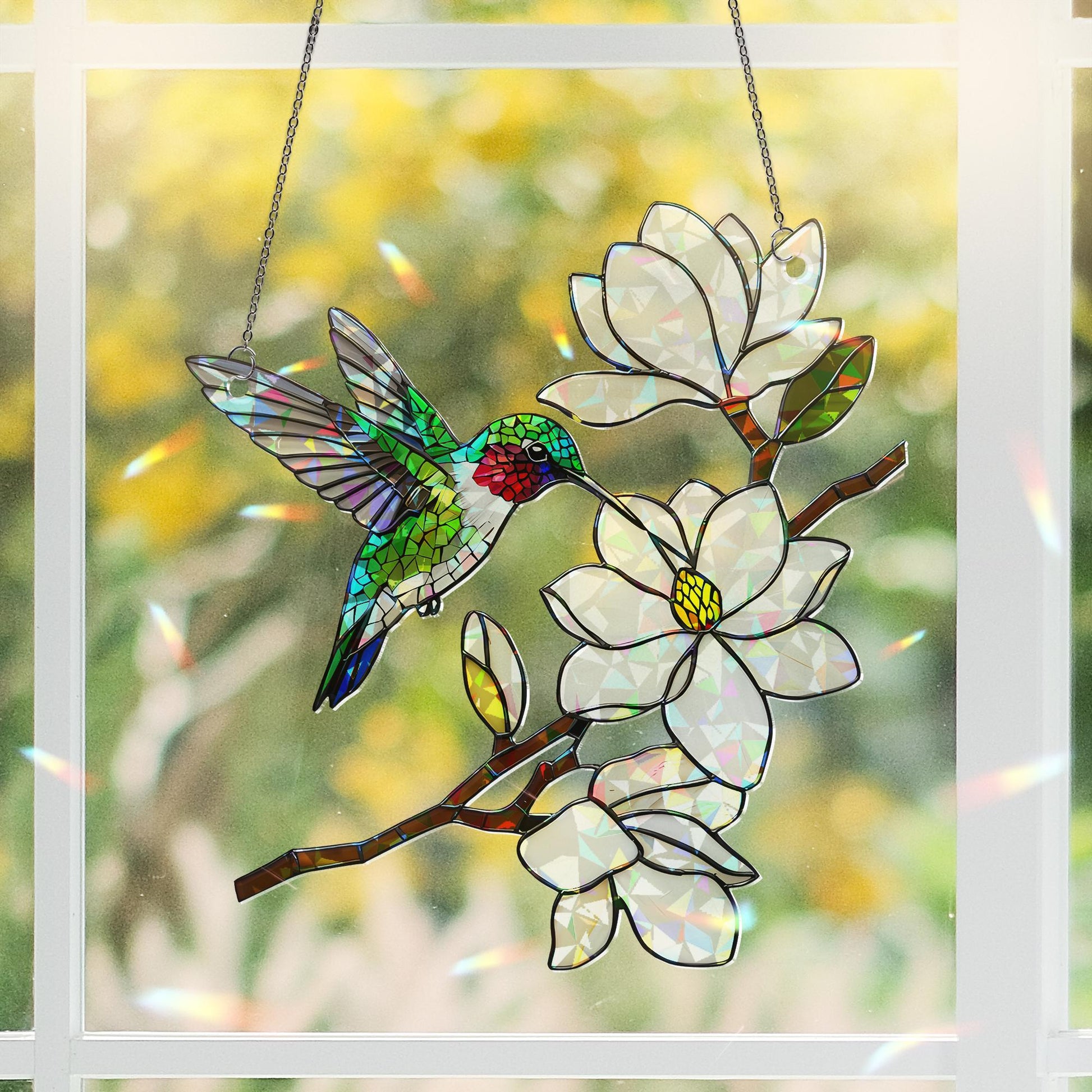 Holographic Hummingbird Suncatcher, Magnolia Flower Window Hanging, Mother's Day Gift, Gift for Mom, Floral Acrylic Decor, Floral Bird Decor