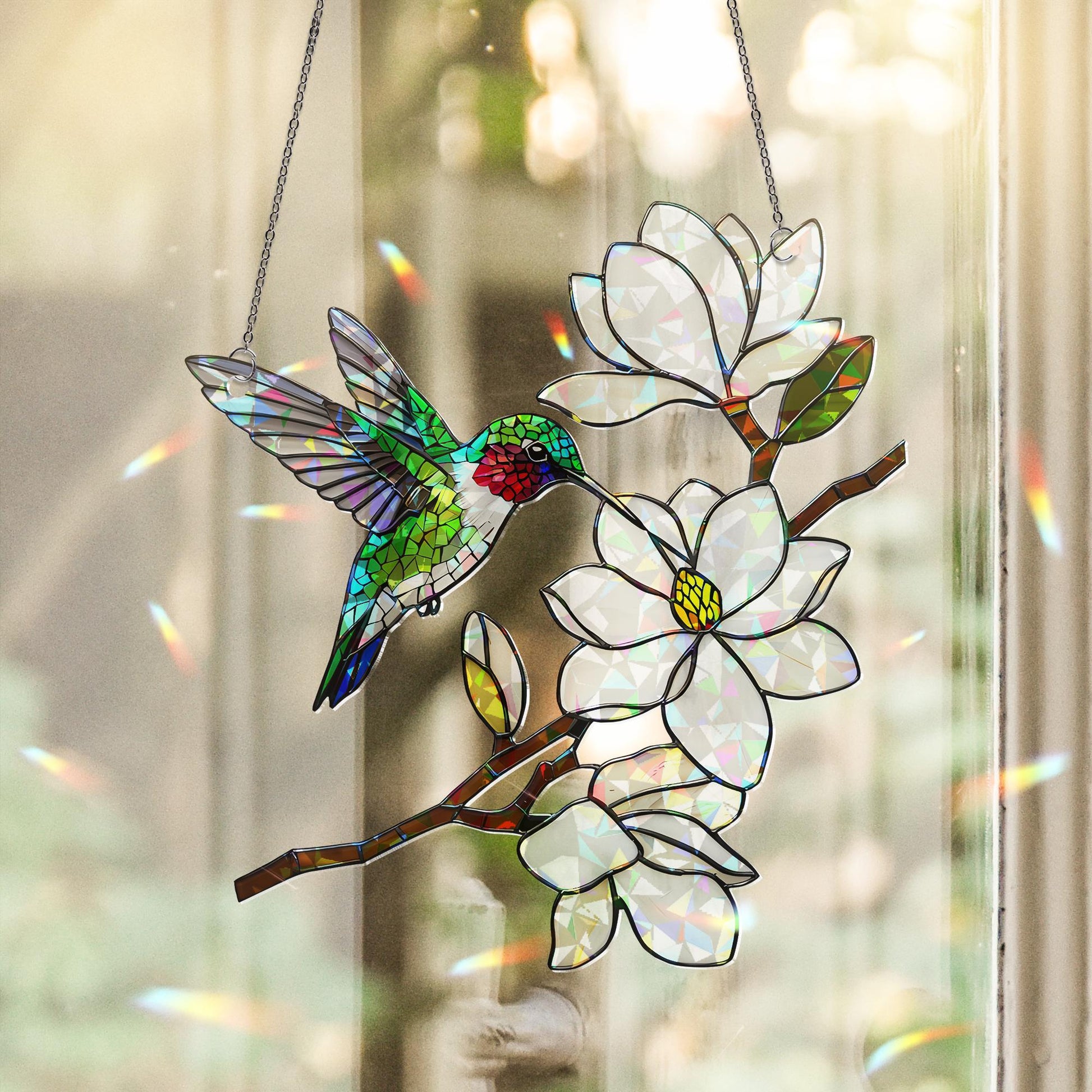 Holographic Hummingbird Suncatcher, Magnolia Flower Window Hanging, Mother's Day Gift, Gift for Mom, Floral Acrylic Decor, Floral Bird Decor