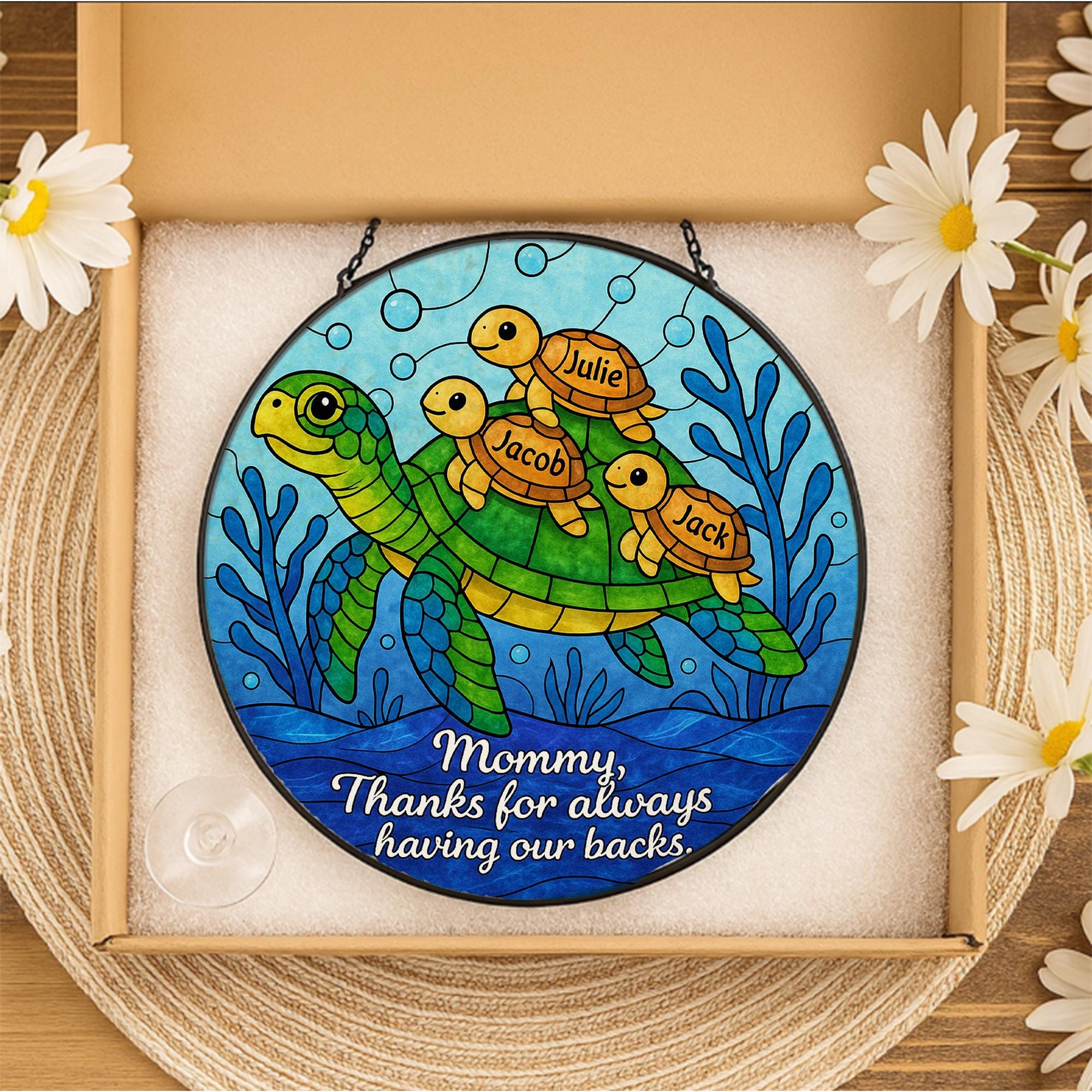 Custom Turtle Family Glass Suncatcher Gift for Mom on Mother’s Day – Personalized Sea Turtle Window Decor with Kids’ Names, up to 3 kids