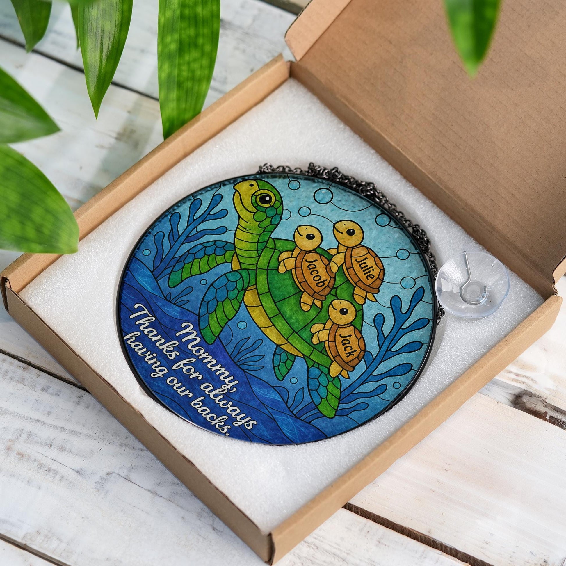 Custom Turtle Family Glass Suncatcher Gift for Mom on Mother’s Day – Personalized Sea Turtle Window Decor with Kids’ Names, up to 3 kids