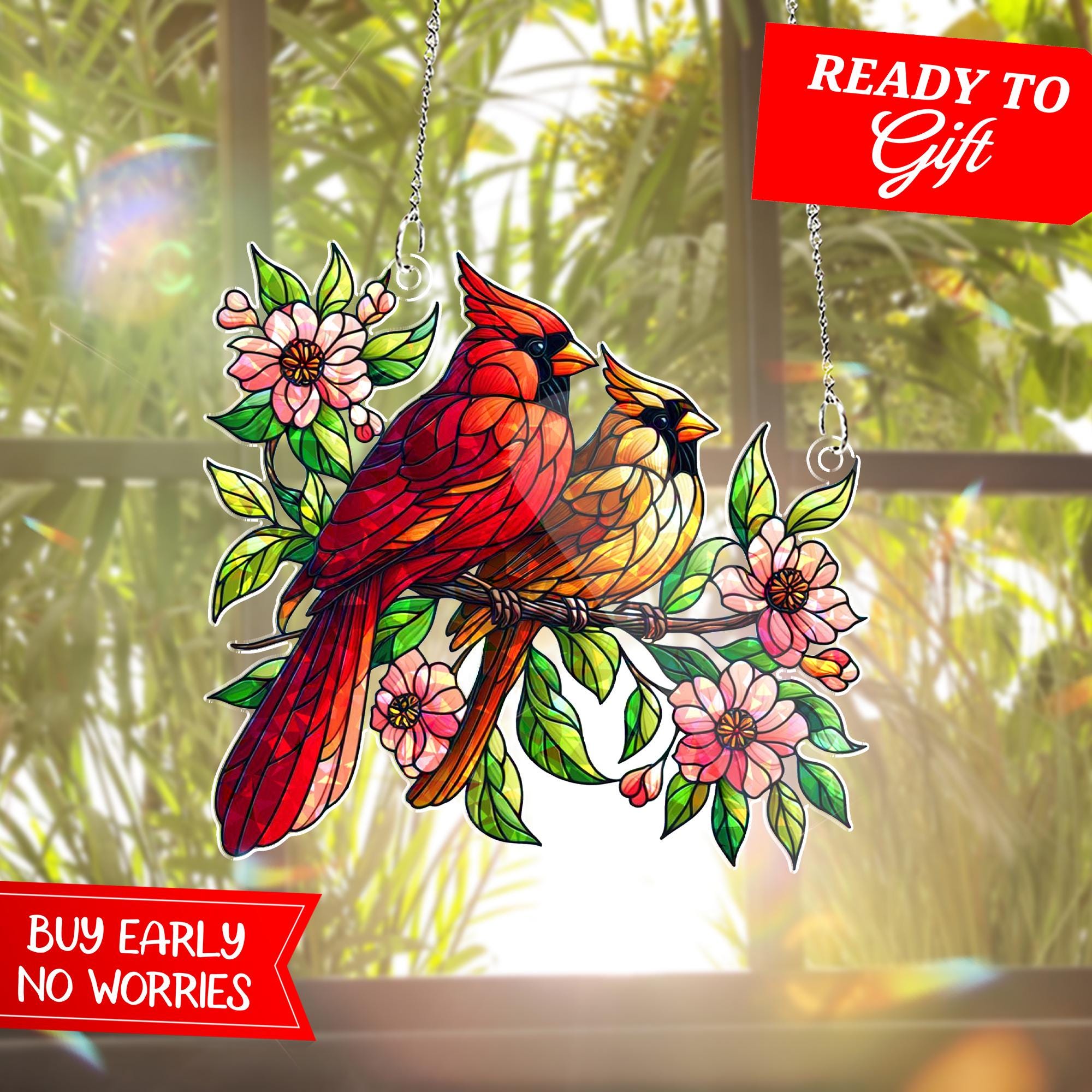 Cardinal Couple Suncatcher | Holographic Acrylic Window Hanging | Floral Bird Decor Gift | Stained Glass Look | Mother's Day Gift