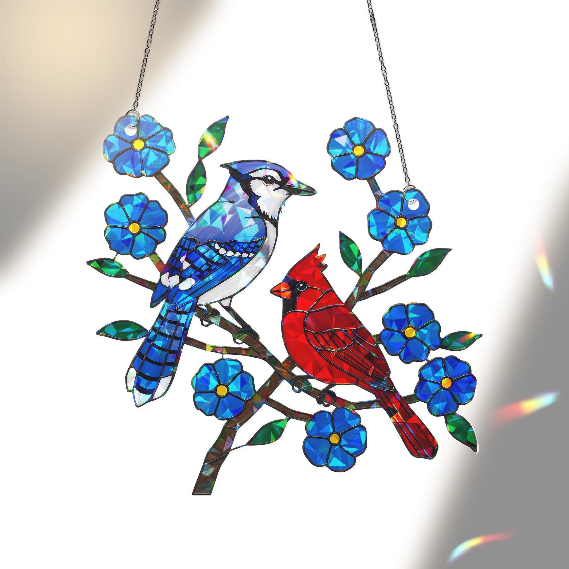 Blue Jay and Cardinal with Blue Flower Hologram Ornament – Bird Lover Gift for Mom, Nature ACYLIC Hanging Art, Mother's Day Window Decor