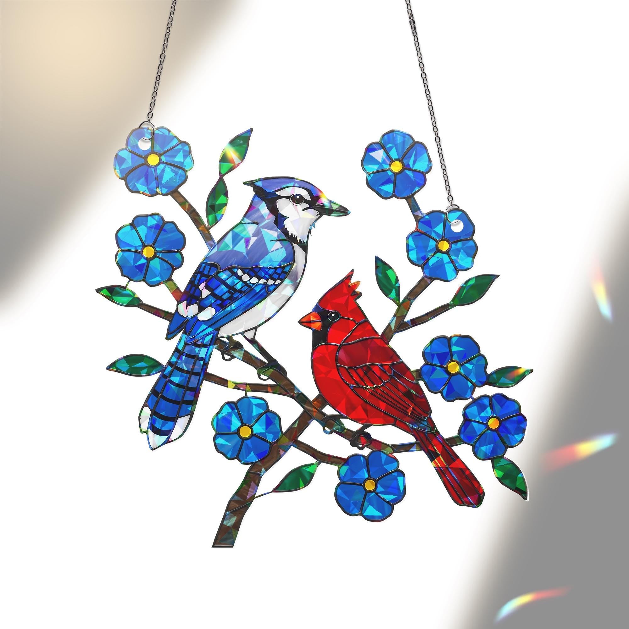 Blue Jay and Cardinal with Blue Flower Hologram Ornament – Bird Lover Gift for Mom, Nature ACYLIC Hanging Art, Mother's Day Window Decor