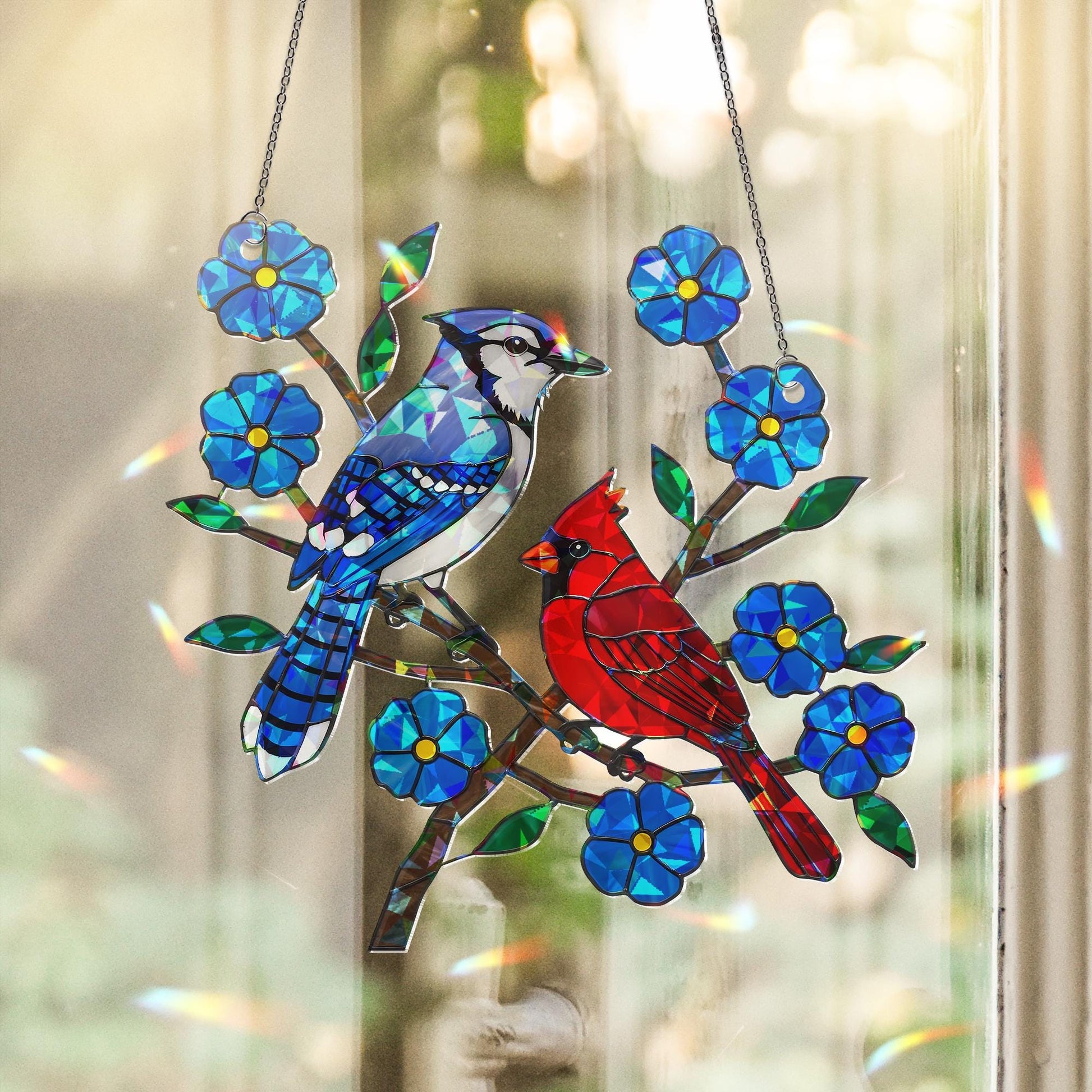 Blue Jay and Cardinal with Blue Flower Hologram Ornament – Bird Lover Gift for Mom, Nature ACYLIC Hanging Art, Mother's Day Window Decor