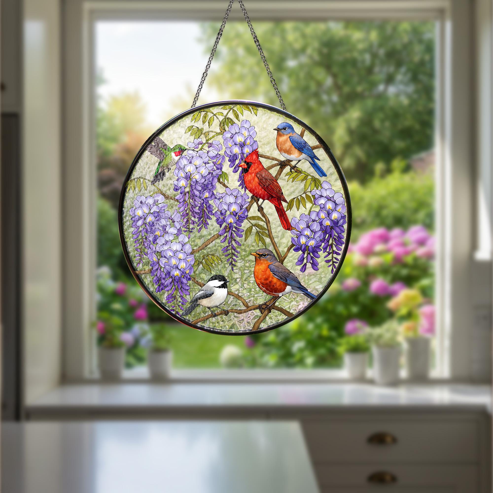 Birds on Wisteria Tree Branch Glass Suncatcher, Nature Inspired Stained Glass Window Decor, Bird Lovers Gift,Floral Home Decoration,Mom Gift