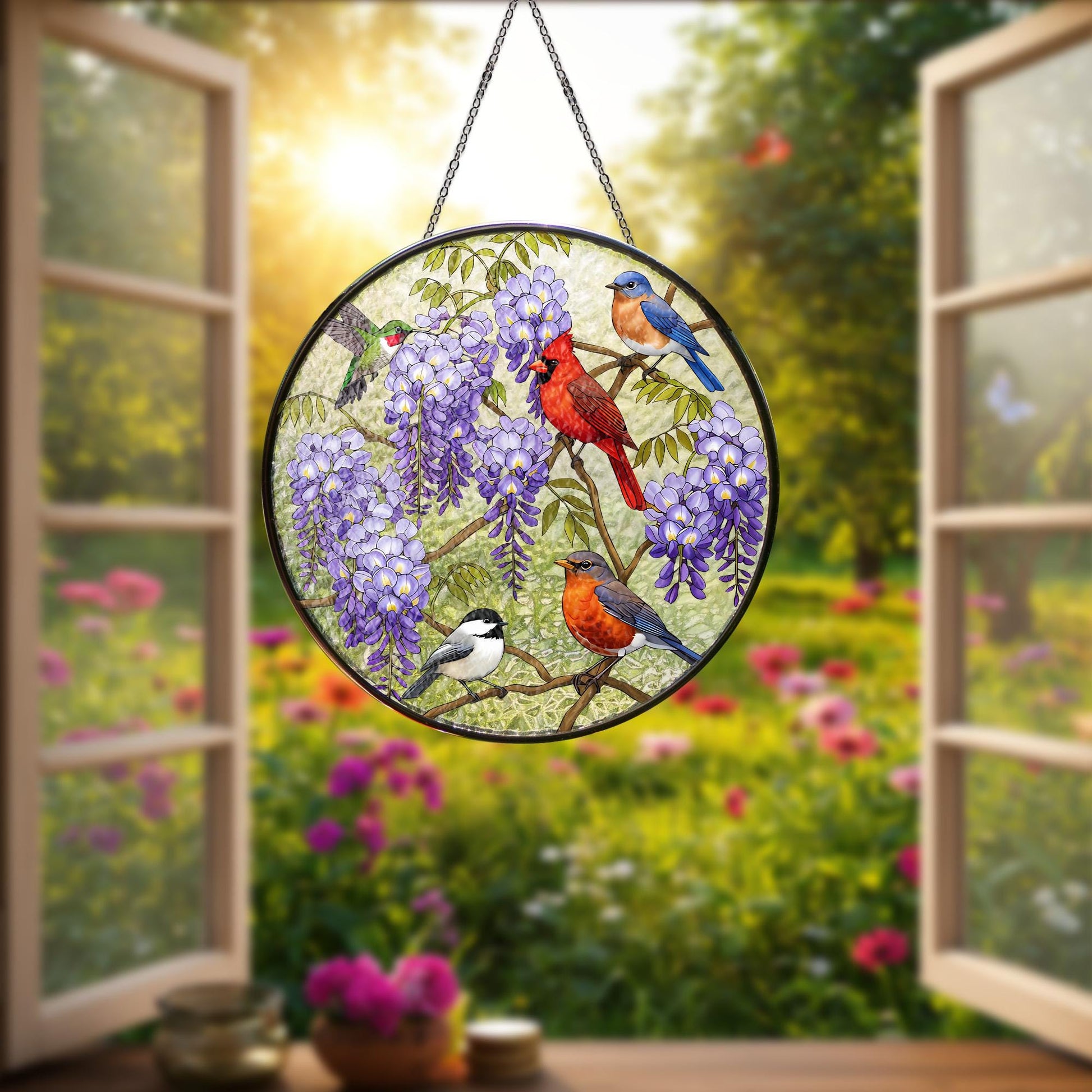Birds on Wisteria Tree Branch Glass Suncatcher, Nature Inspired Stained Glass Window Decor, Bird Lovers Gift,Floral Home Decoration,Mom Gift