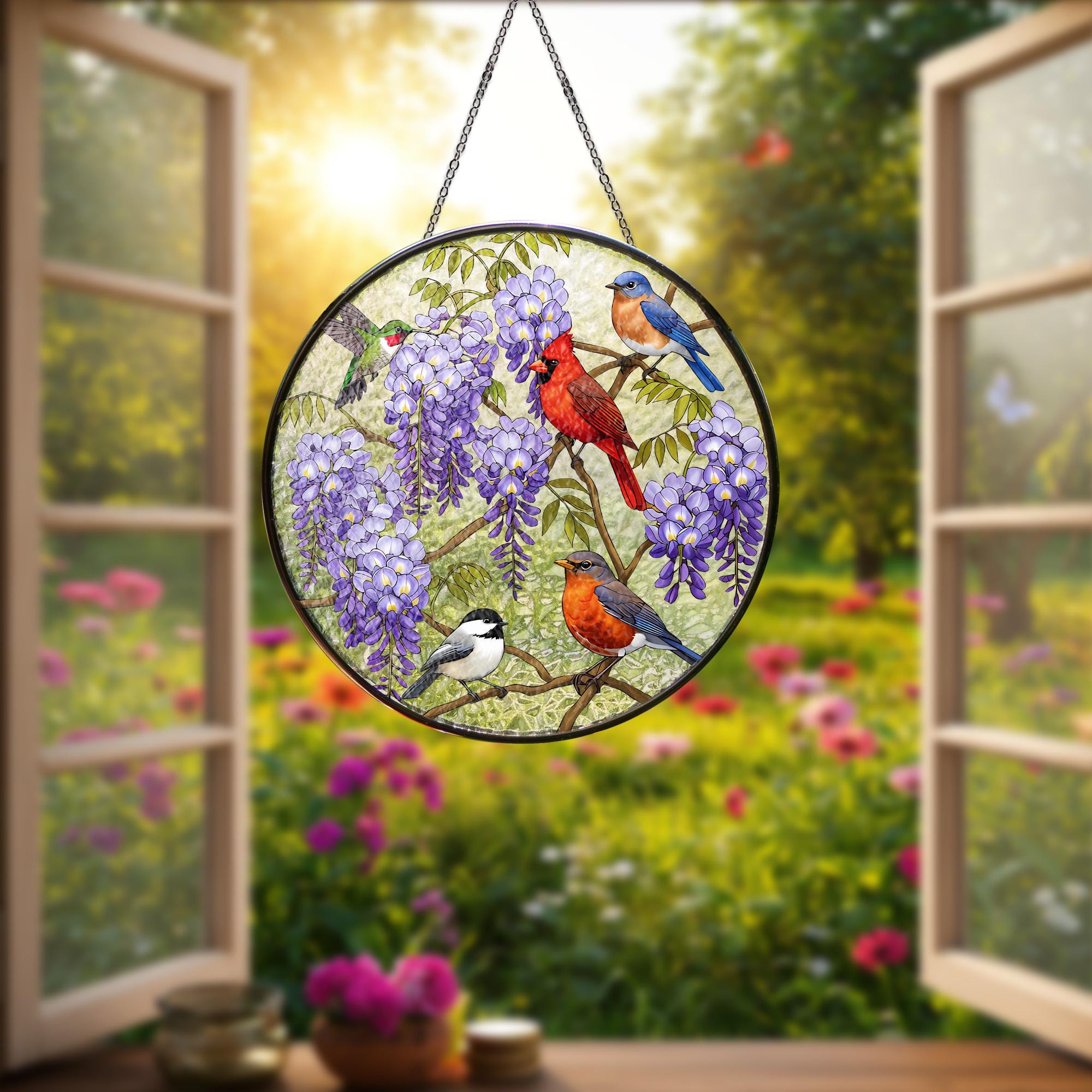 Birds on Wisteria Tree Branch Glass Suncatcher, Nature Inspired Stained Glass Window Decor, Bird Lovers Gift,Floral Home Decoration,Mom Gift