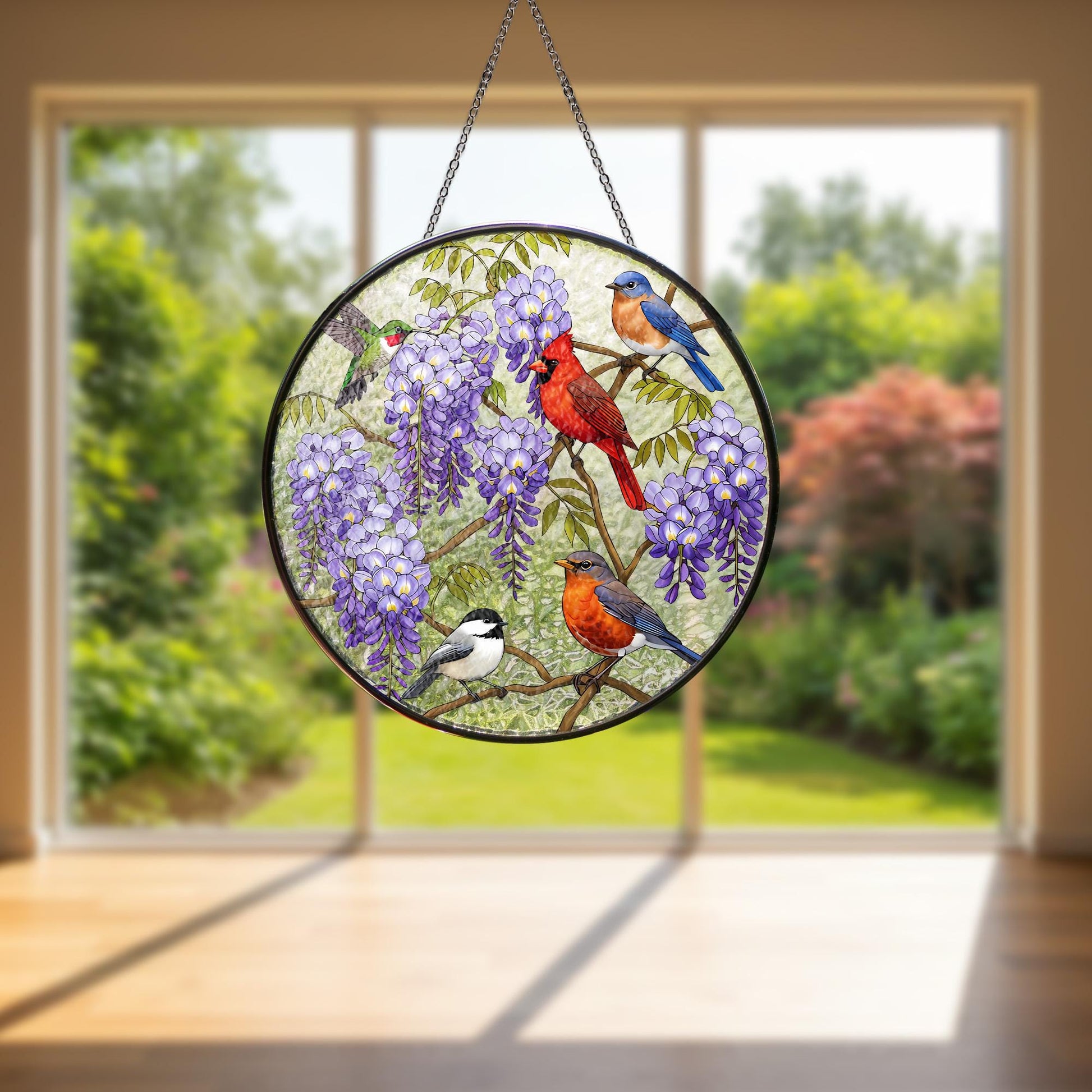 Birds on Wisteria Tree Branch Glass Suncatcher, Nature Inspired Stained Glass Window Decor, Bird Lovers Gift,Floral Home Decoration,Mom Gift