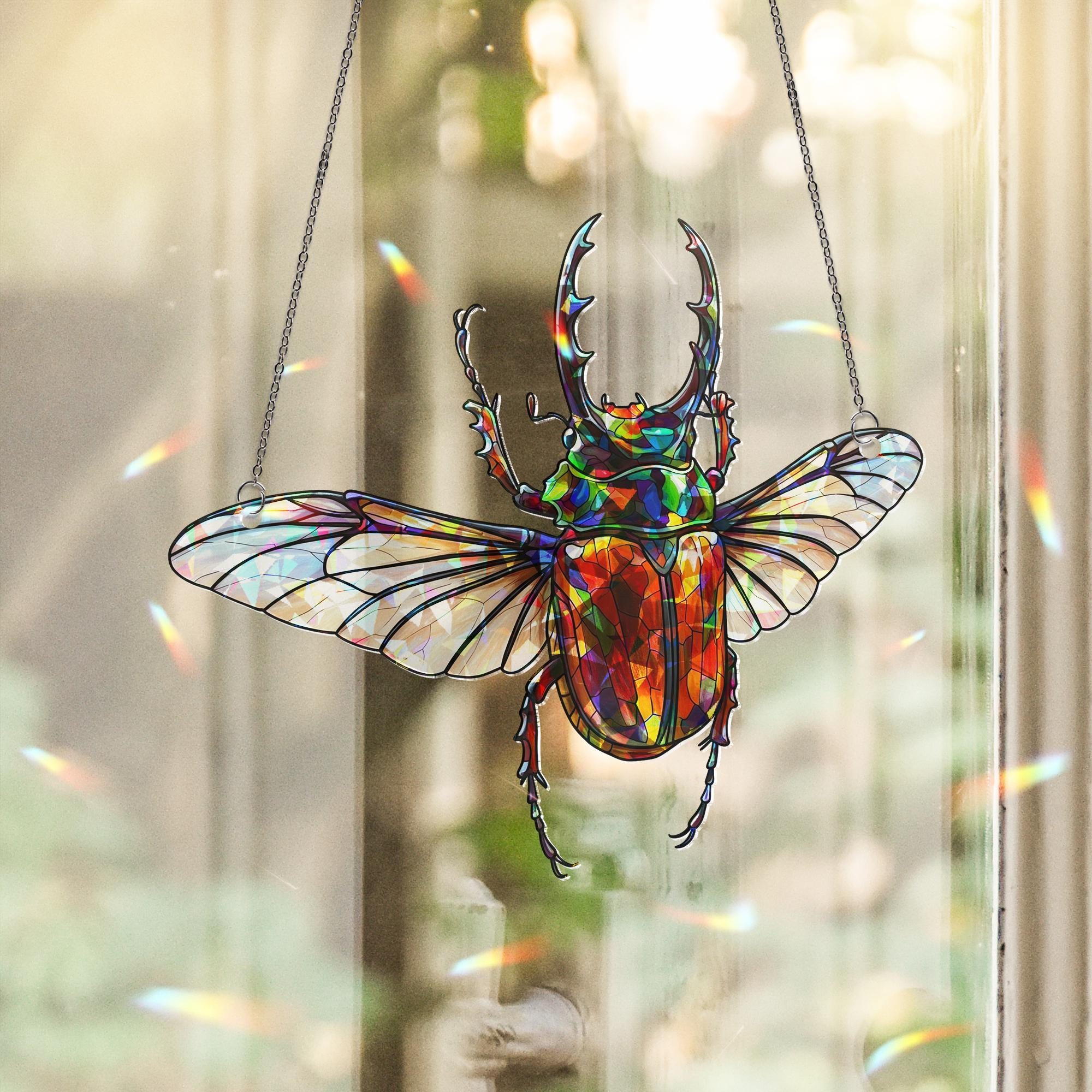 Chalcosoma Atlas Beetle Holographic Suncatcher – Insect Lover Gift, Gothic Nature Decor, Entomology Window Art for Bug Collector Mothers day